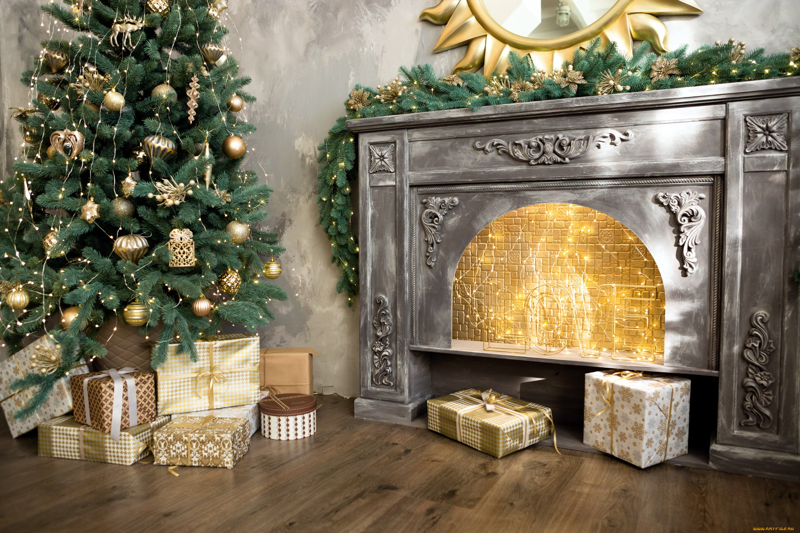 праздничные, ёлки, камин, елка, подарки
