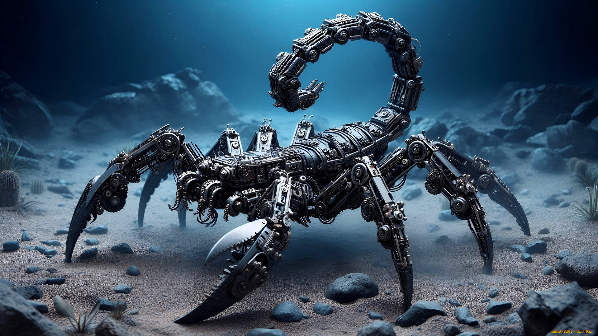 3д, графика, научная, фантастика, , science, fiction, скорпион, киборг, робот, вода, дно, камни, песок