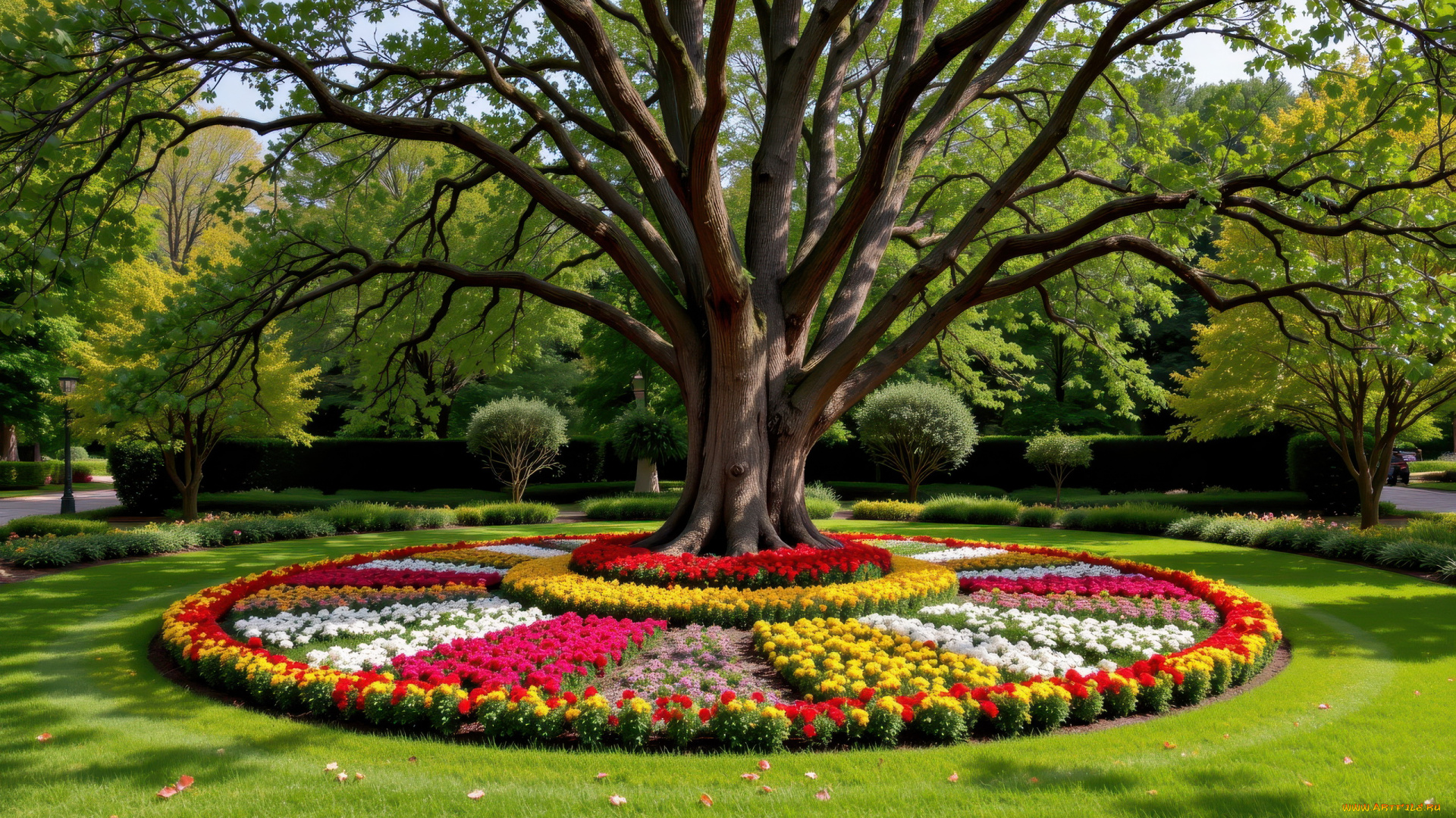 3д, графика, природа, , nature, парк, деревья, клумбы, цветы