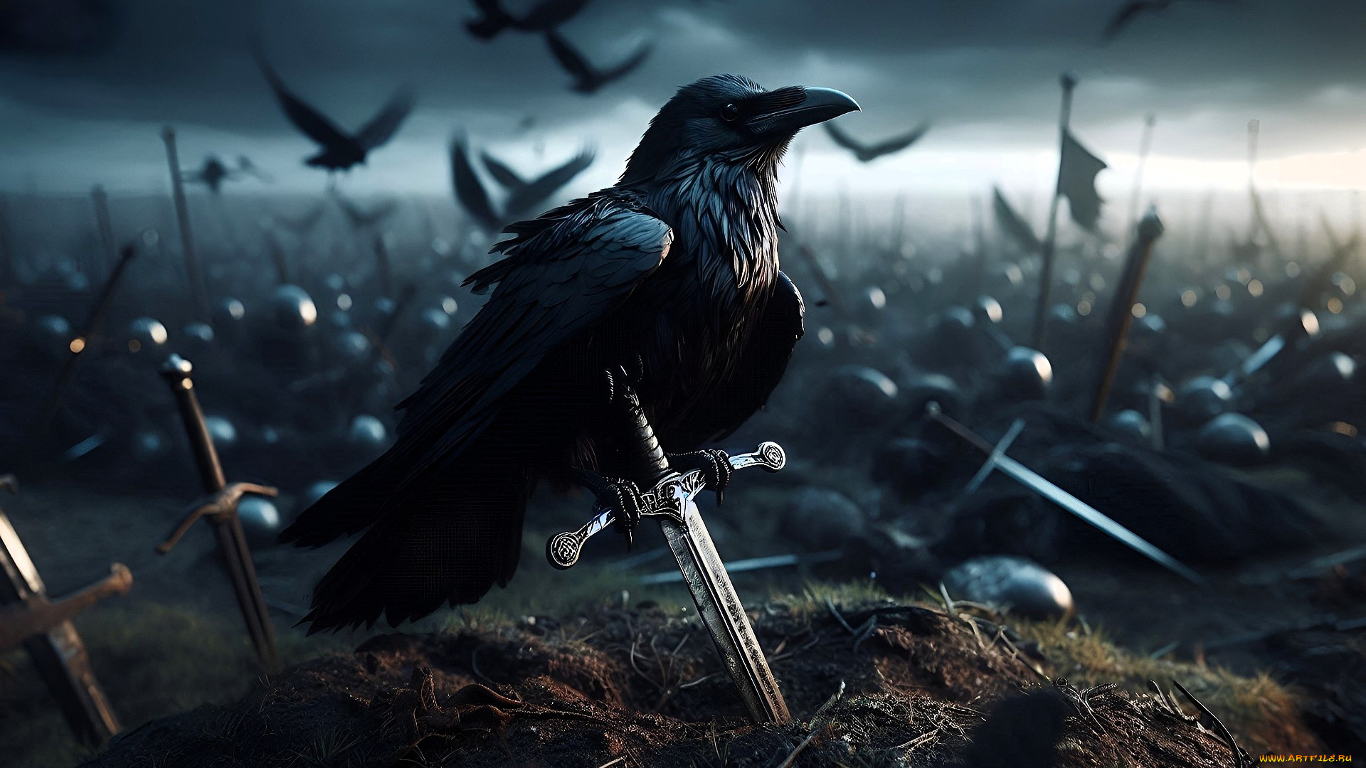 3д, графика, животные, , animals, вороны, поле, боя, мечи, оружие, трупы
