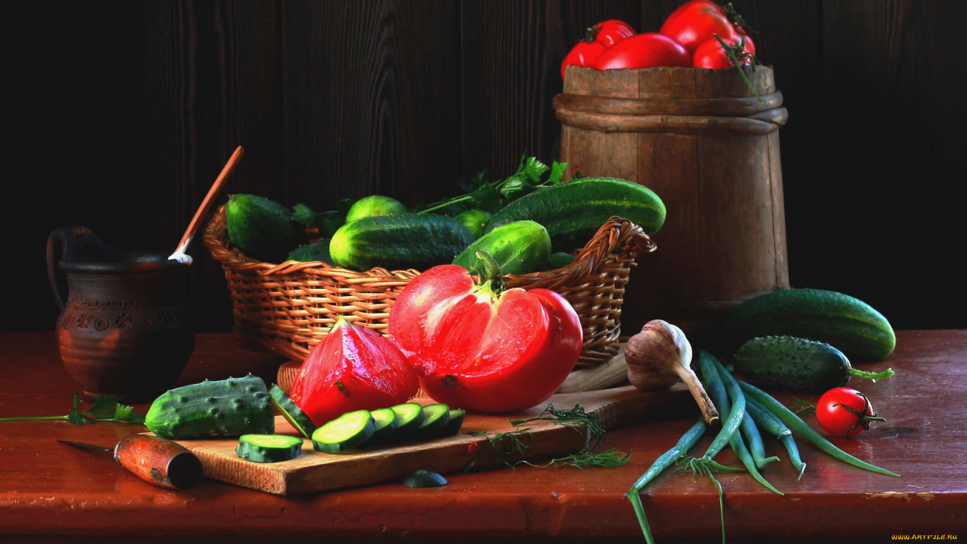 еда, овощи, огурцы, помидоры, чеснок, зеленый, лук