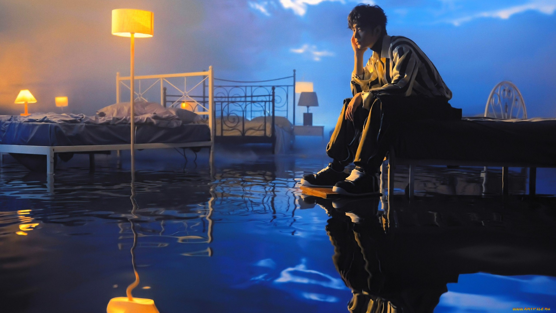 мужчины, xiao, zhan, актер, кровати, торшеры, потоп, вода