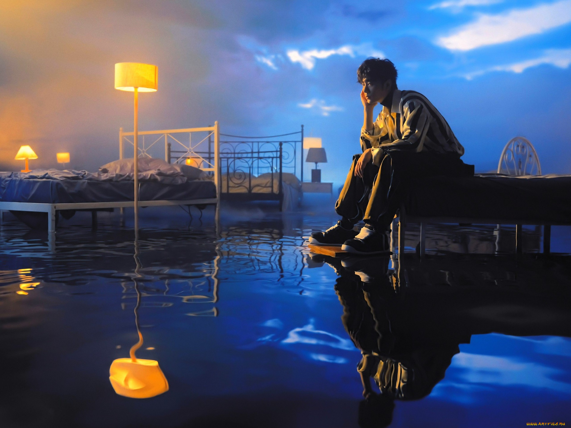 мужчины, xiao, zhan, актер, кровати, торшеры, потоп, вода