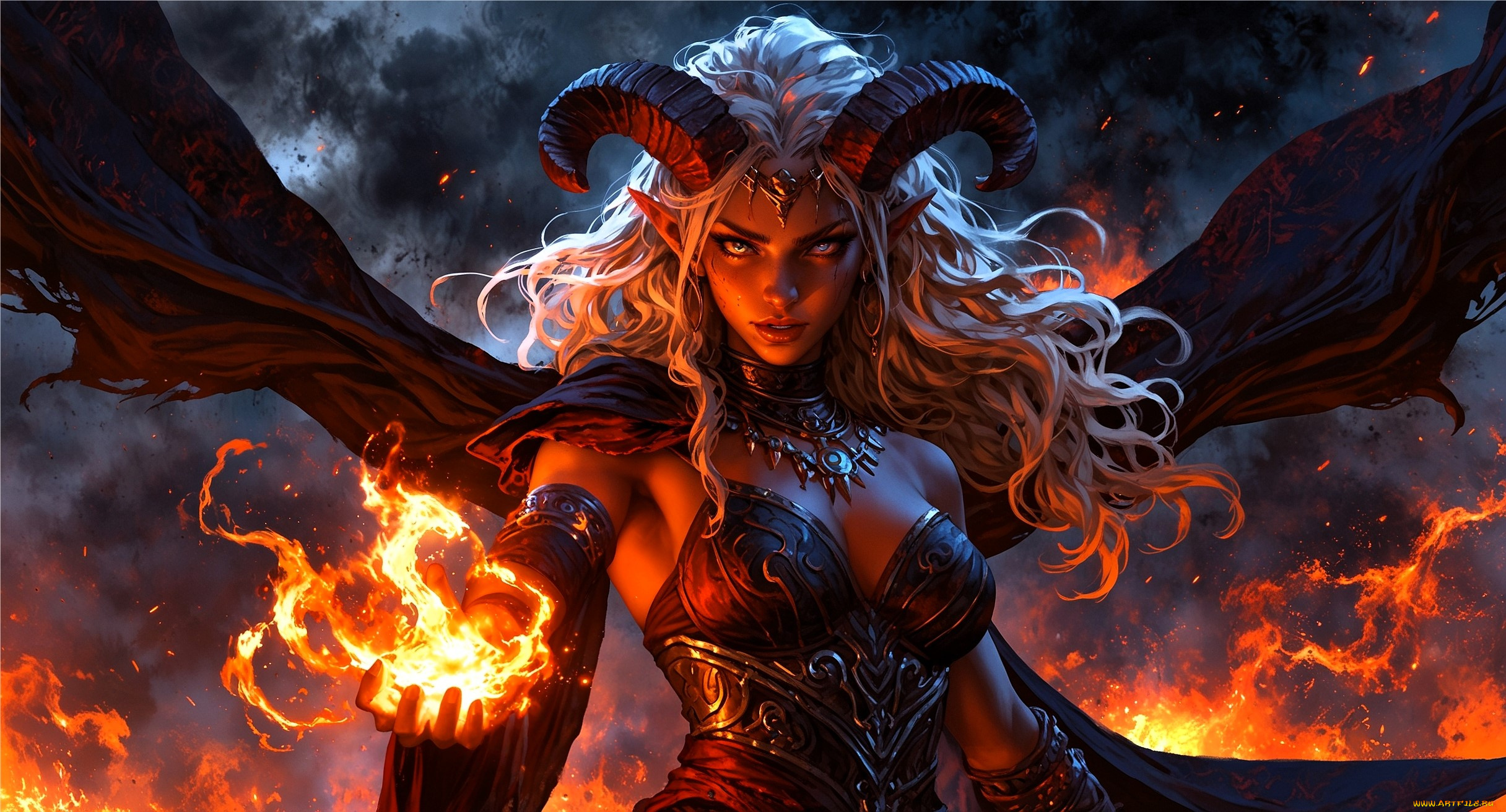 фэнтези, демоны, девушка, демонесса, рога, плащ, огонь, магия