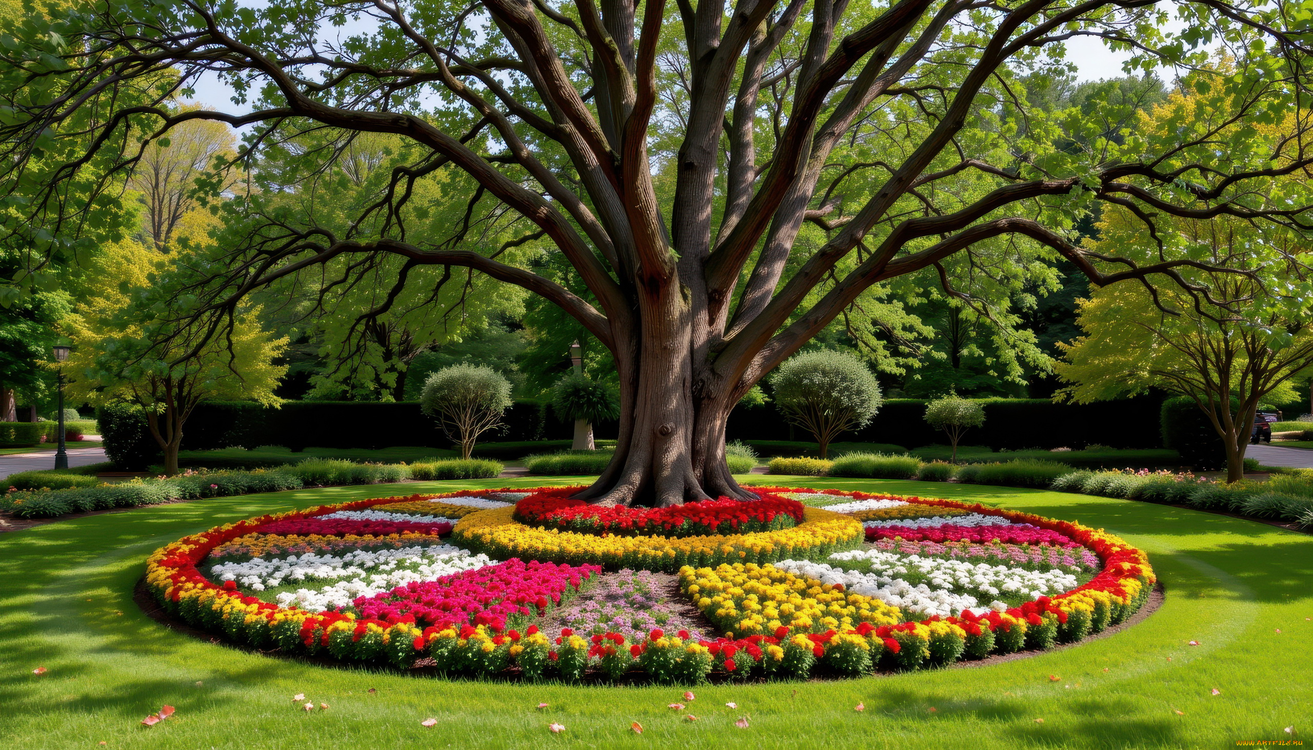 3д, графика, природа, , nature, парк, деревья, клумбы, цветы