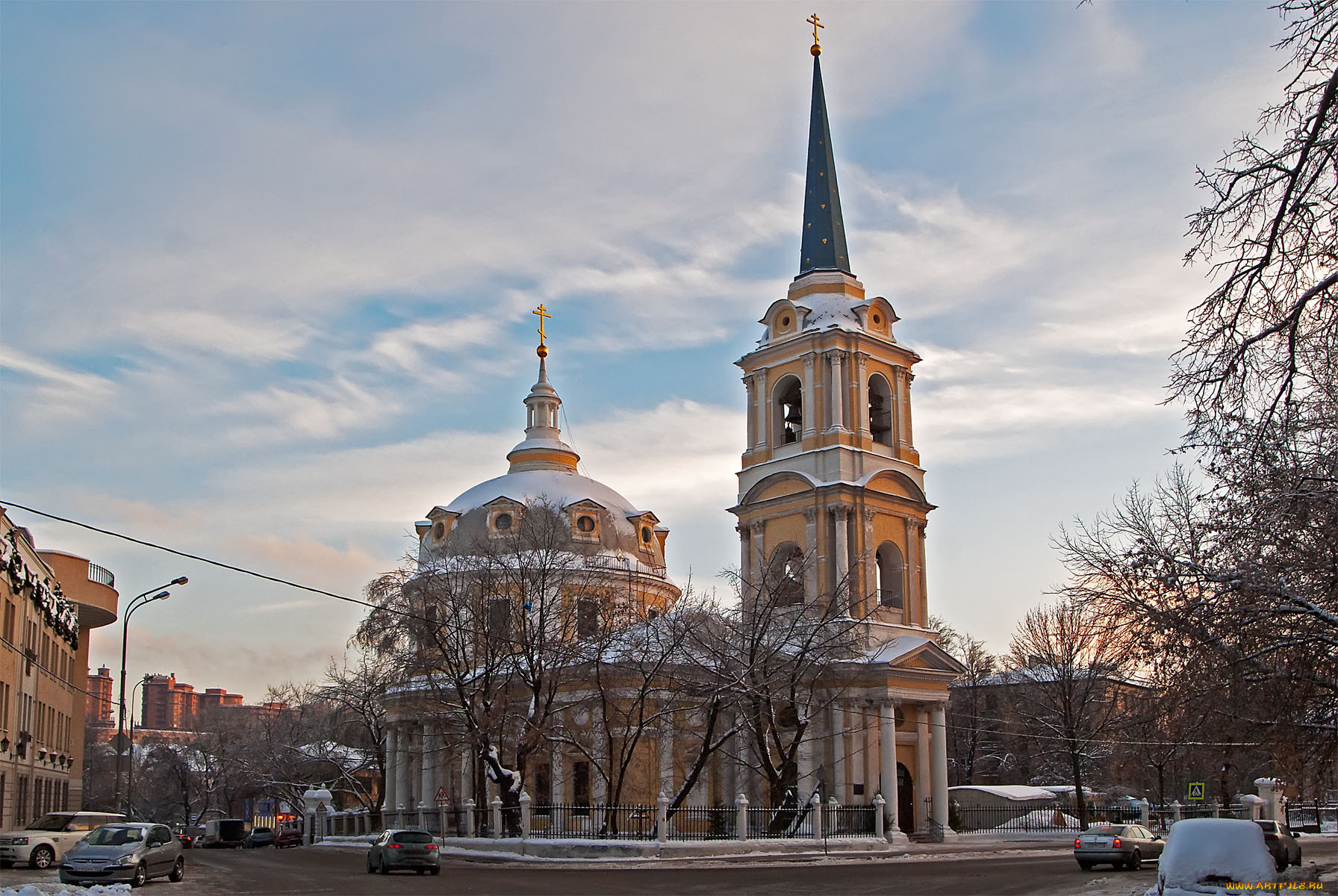 церковь, вознесения, господня, города, москва, россия, облака, небо, деревья