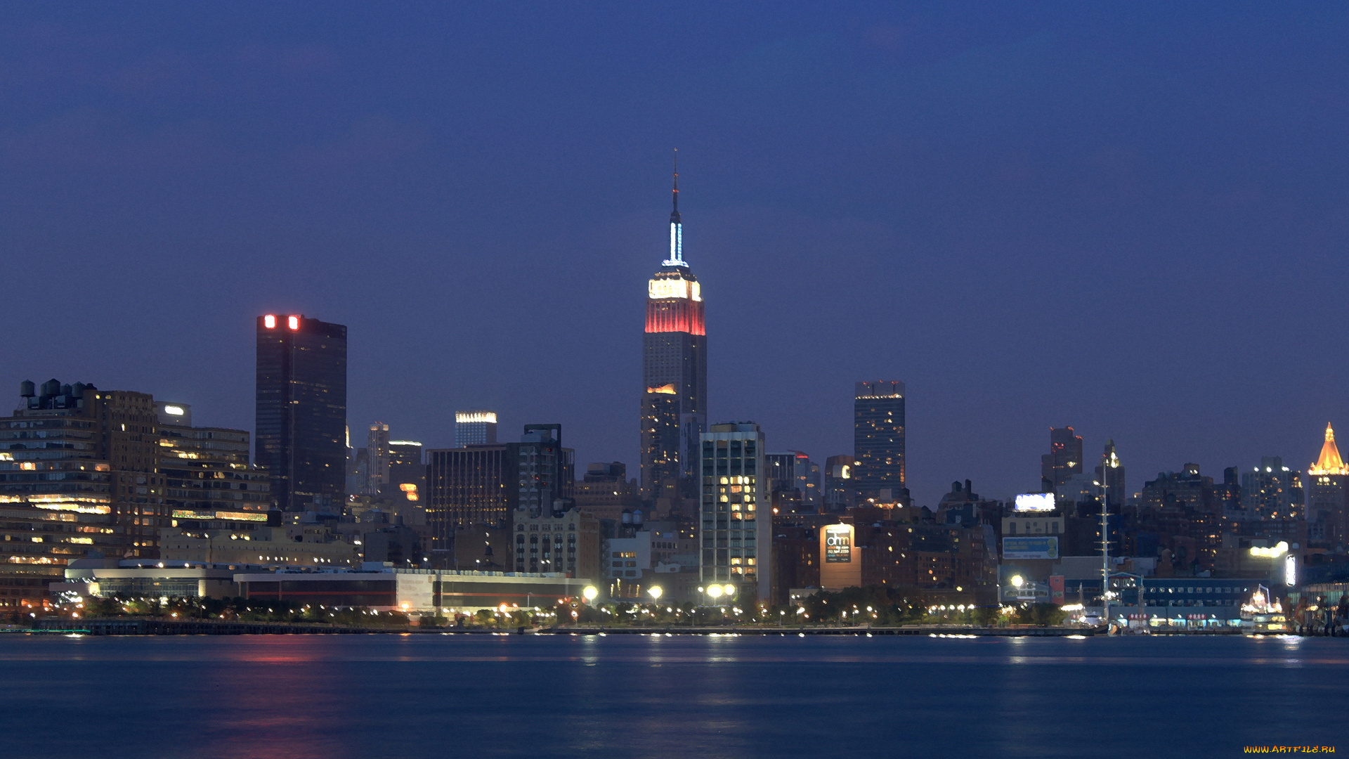 города, огни, ночного, река, вечер, небо