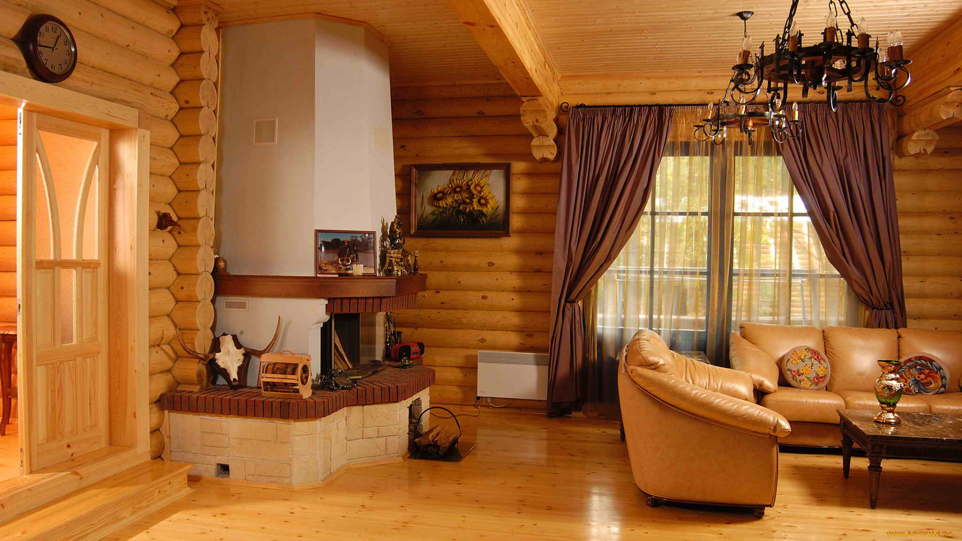 интерьер, гостиная, кресло, камин, шторы, окно