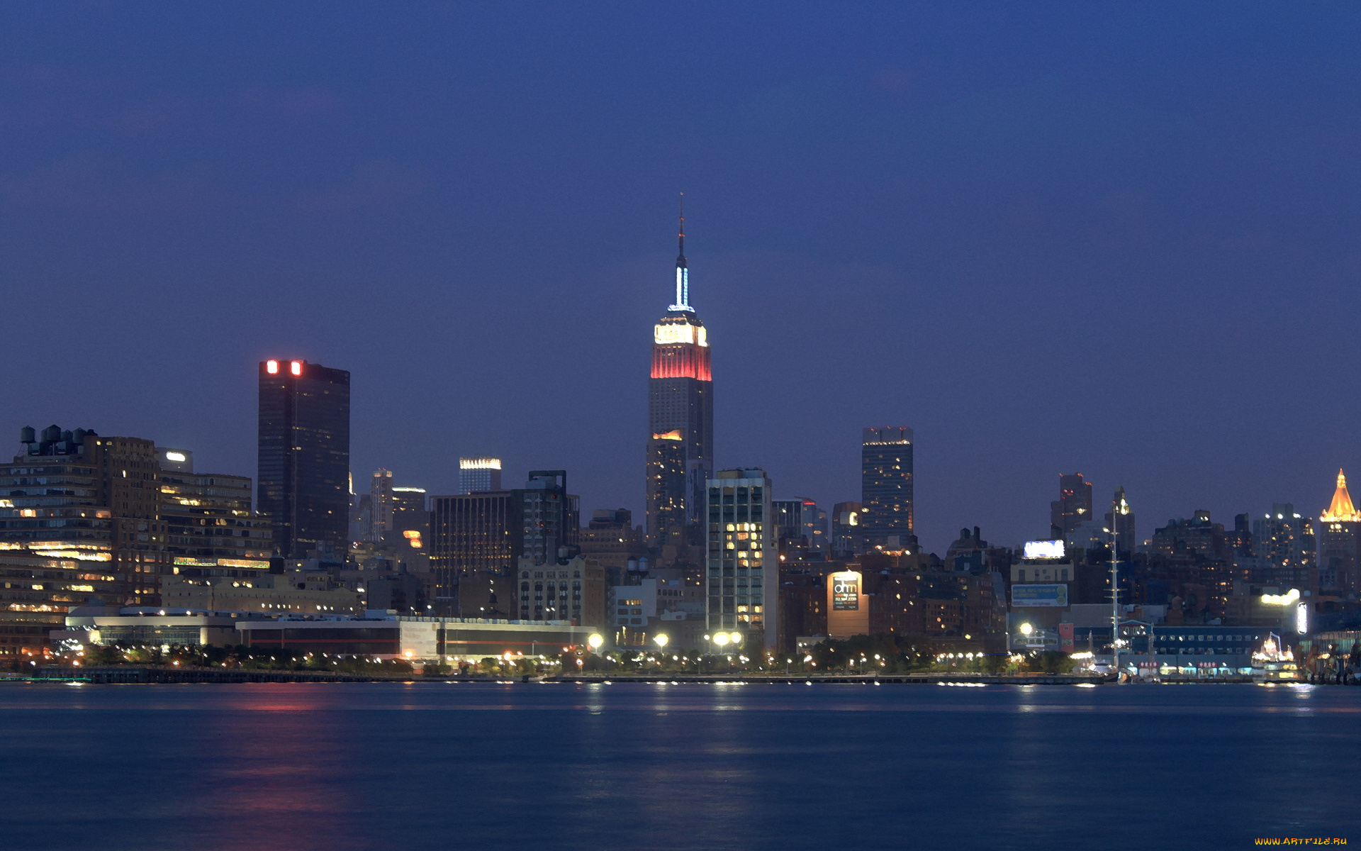 города, огни, ночного, река, вечер, небо