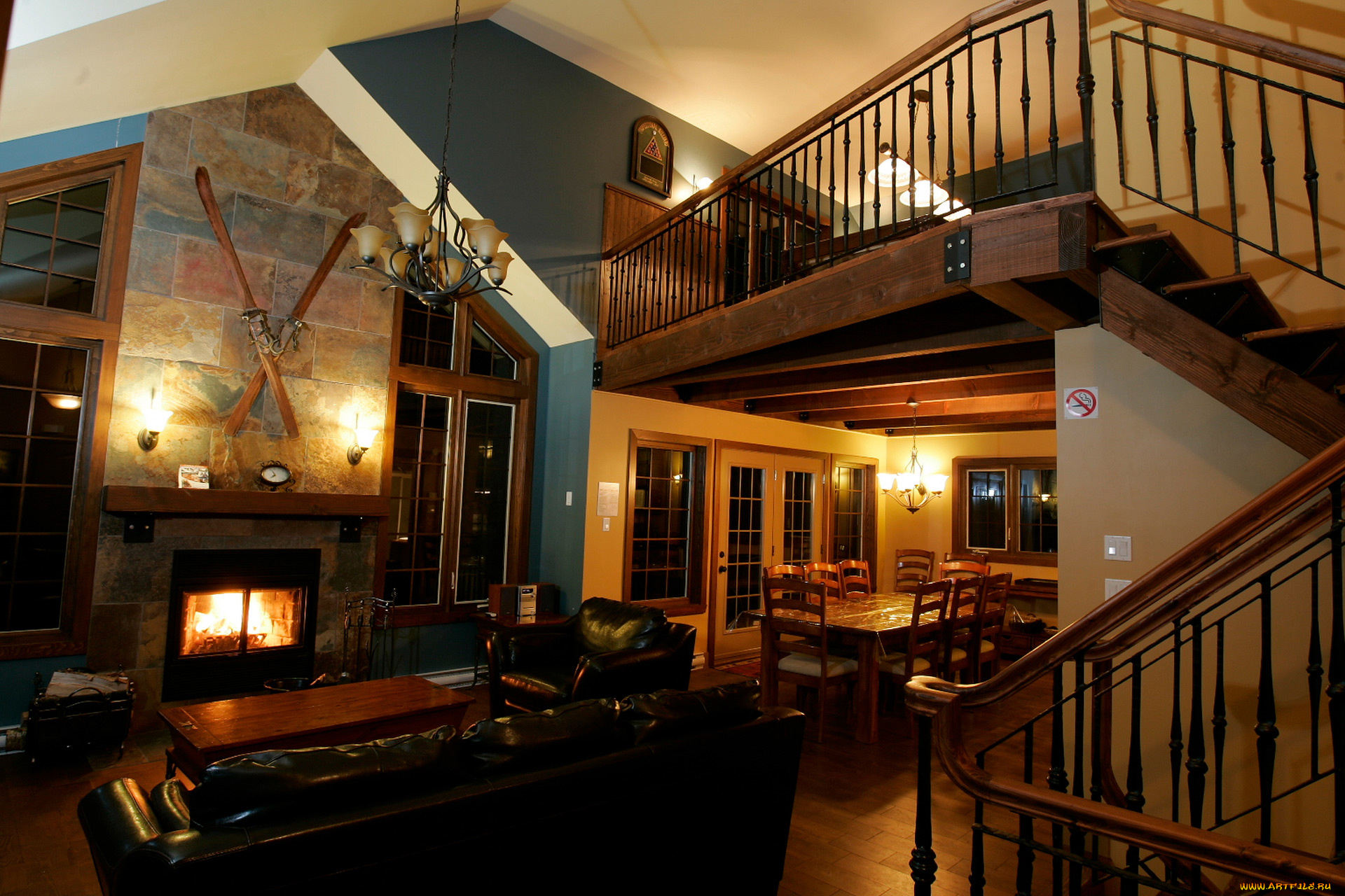 интерьер, гостиная, камин, стол, лестница