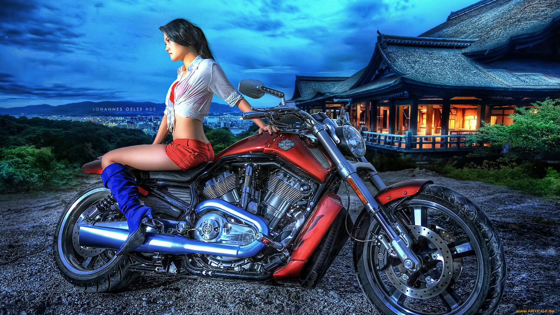 мотоциклы, мото, девушкой, девушка, облака, дом