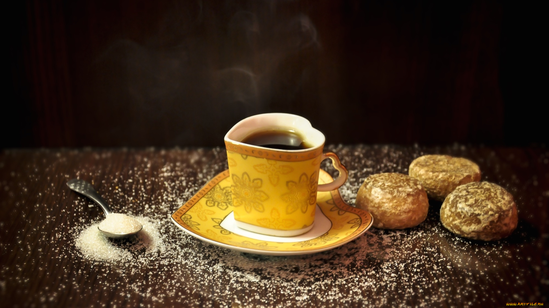 еда, кофе, кофейные, зёрна, сахар, печенье, чашка