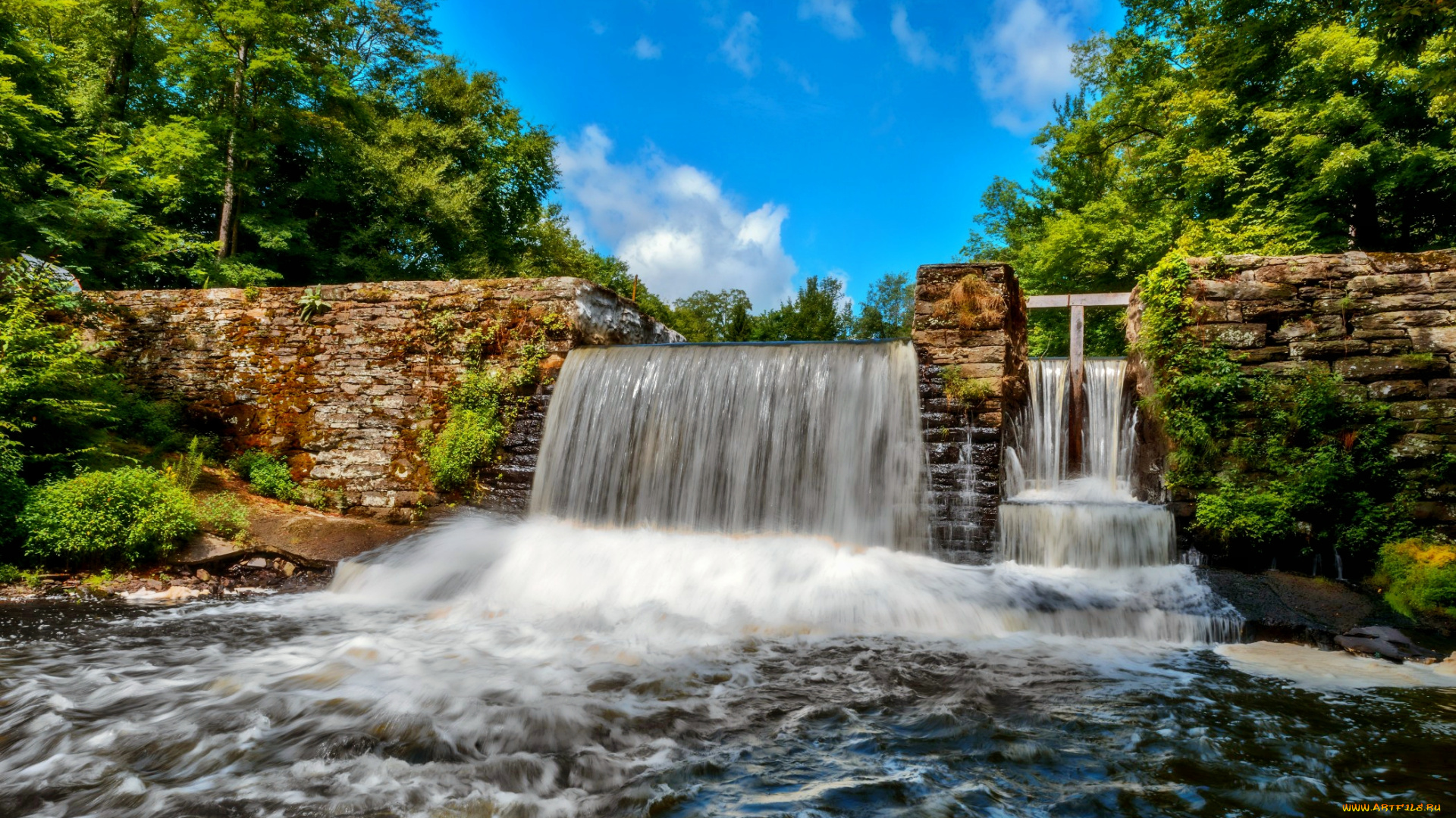 природа, вода, лес, река, плотина, водопад