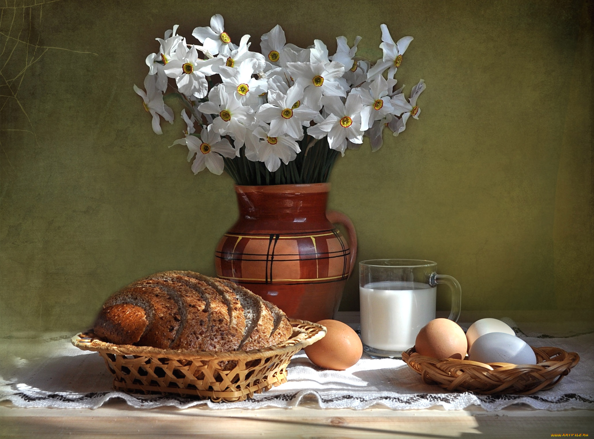 еда, натюрморт, нарциссы, молоко, хлеб