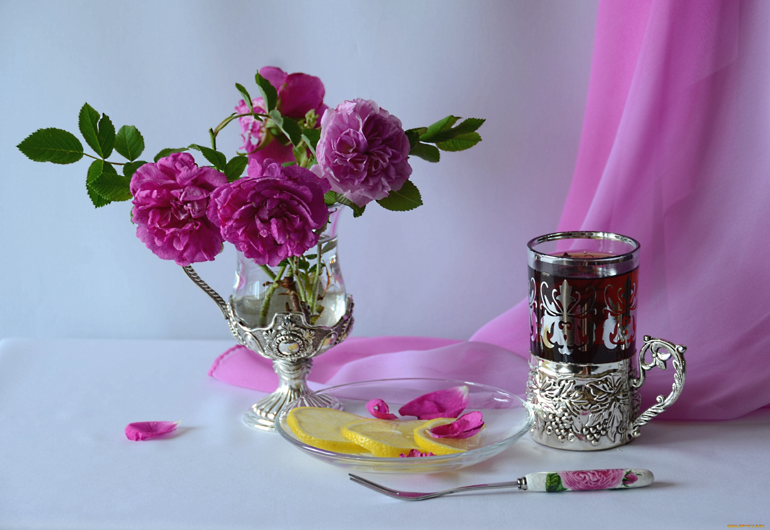 еда, напитки, Чай, лимон, стакан, розы
