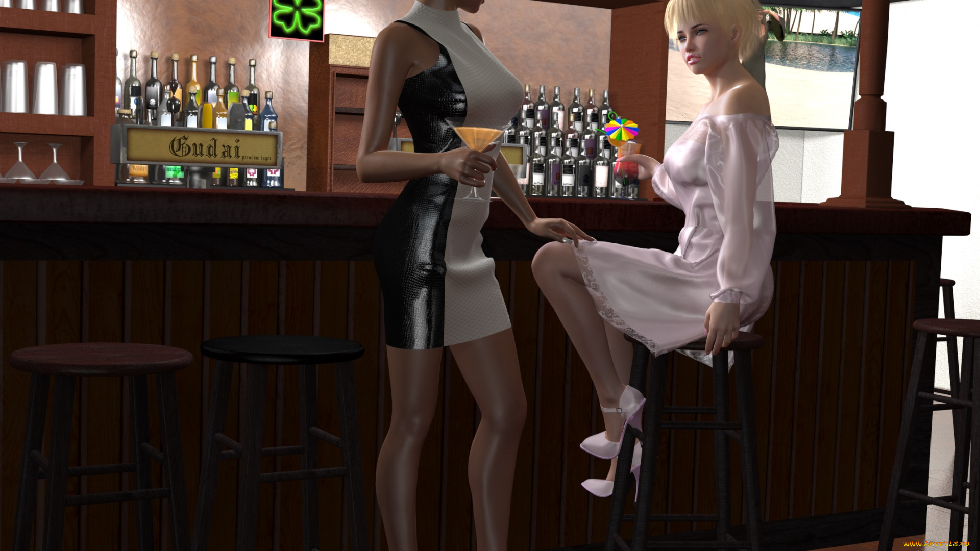 3д, графика, люди, , people, паб, девушки, бокалы, взгляд