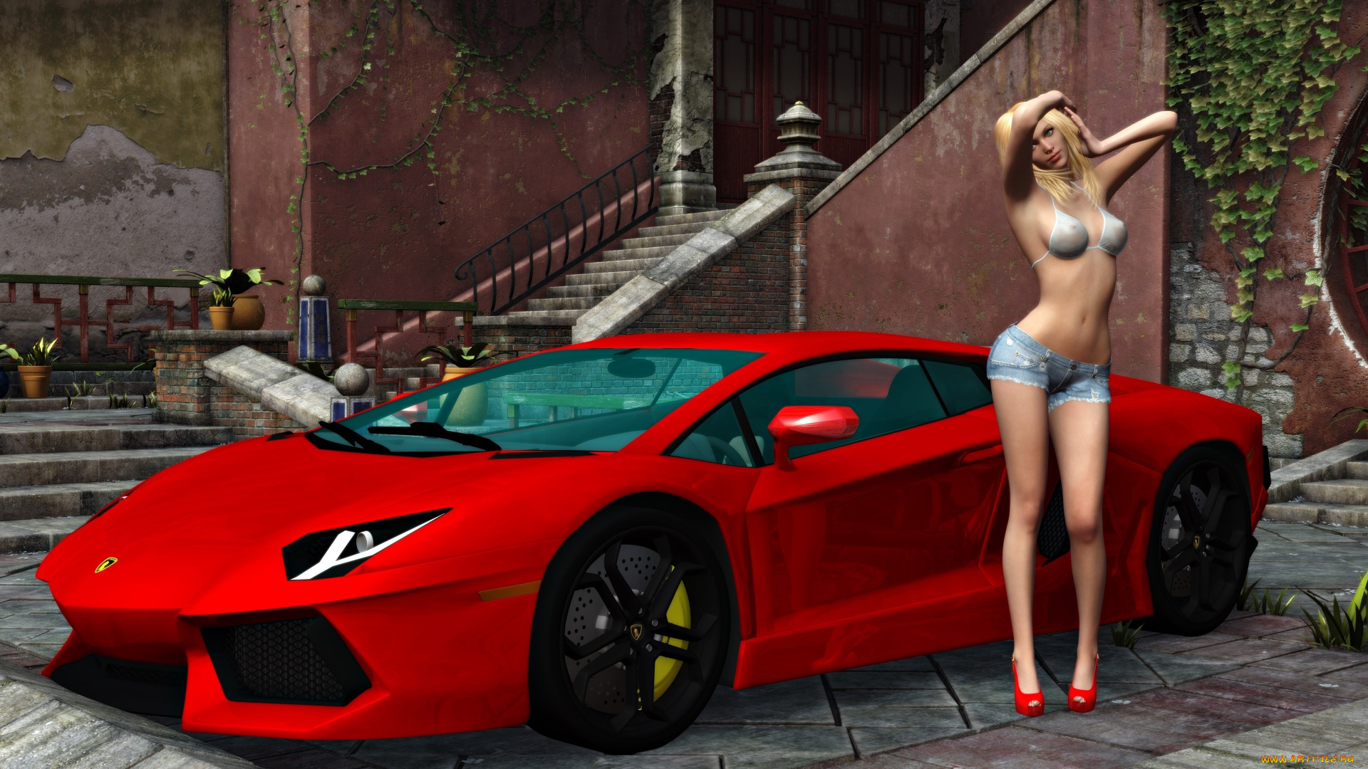 автомобили, 3d, car&girl, девушка, взгляд, автомобиль