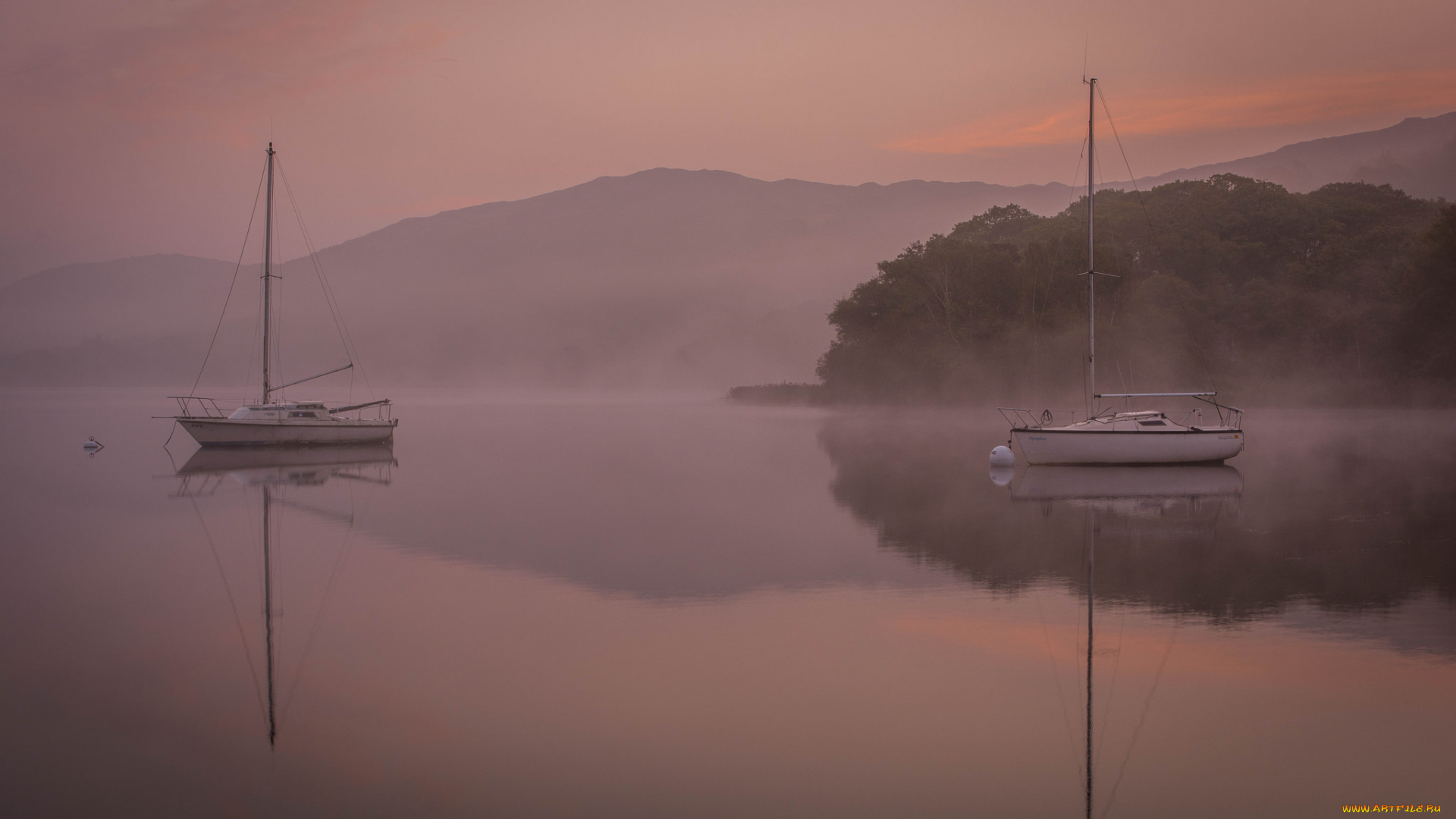 корабли, парусники, деревья, горы, море, туман