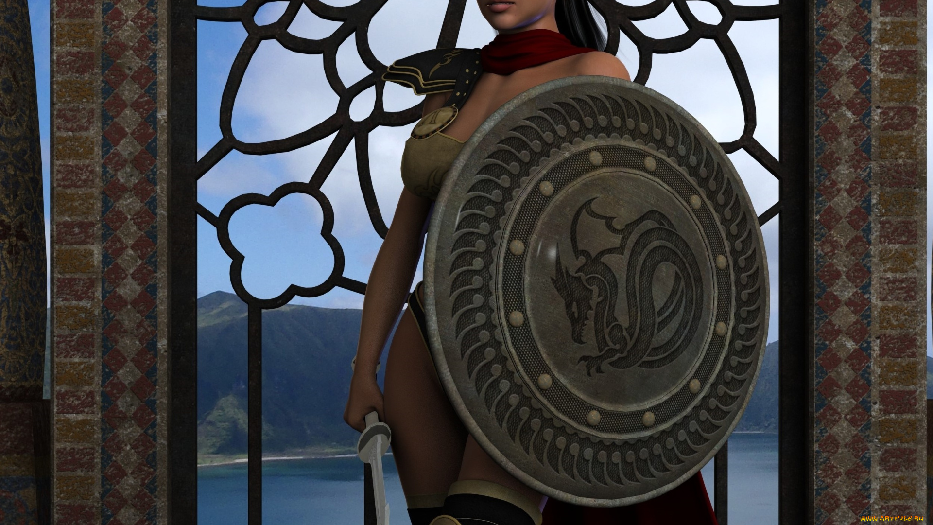 3д, графика, амазонки, , amazon, взгляд, девушка, оружие, щит, фон