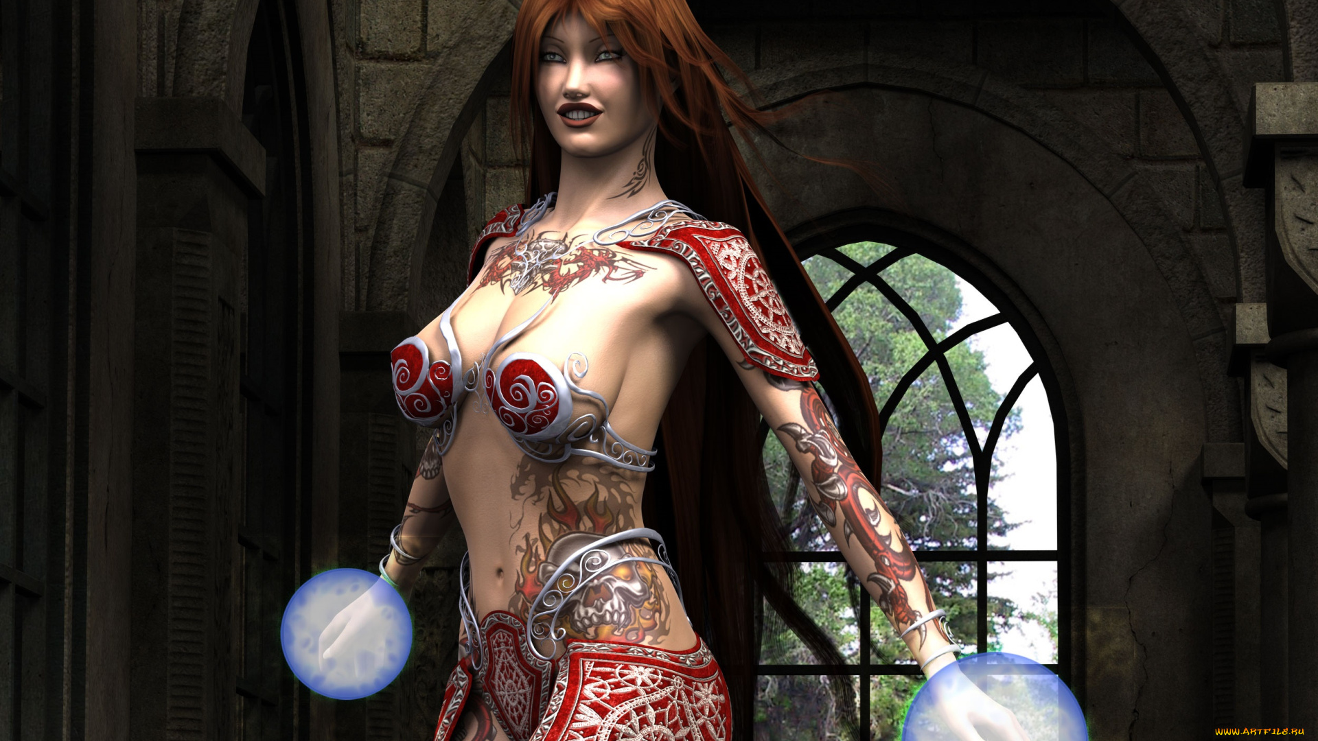 3д, графика, фантазия, , fantasy, девушка, взгляд, шары, рыжая, фон