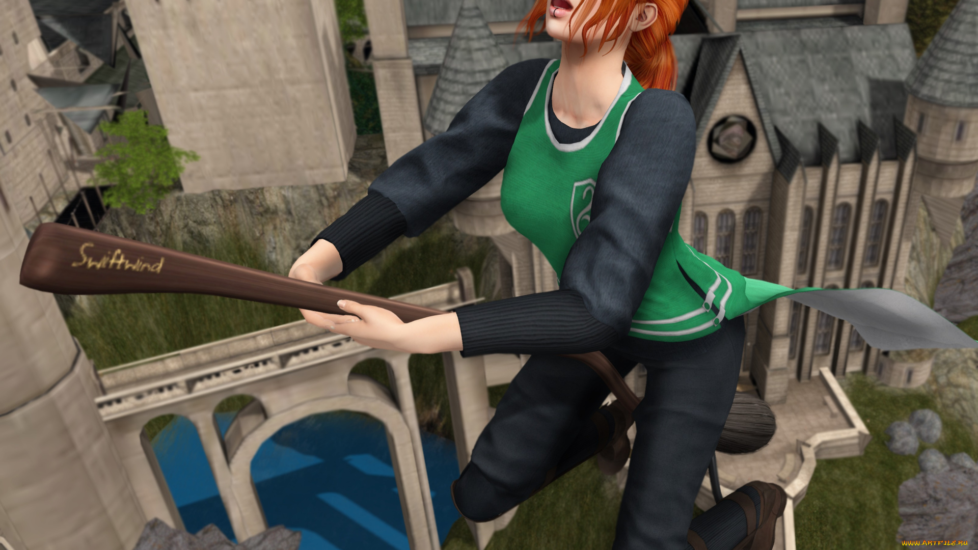 3д, графика, фантазия, , fantasy, метла, взгляд, фон, девушка, полет