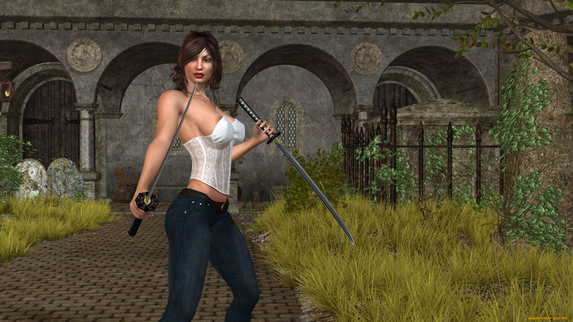 3д, графика, фантазия, , fantasy, взгляд, оружие, фон, девушка