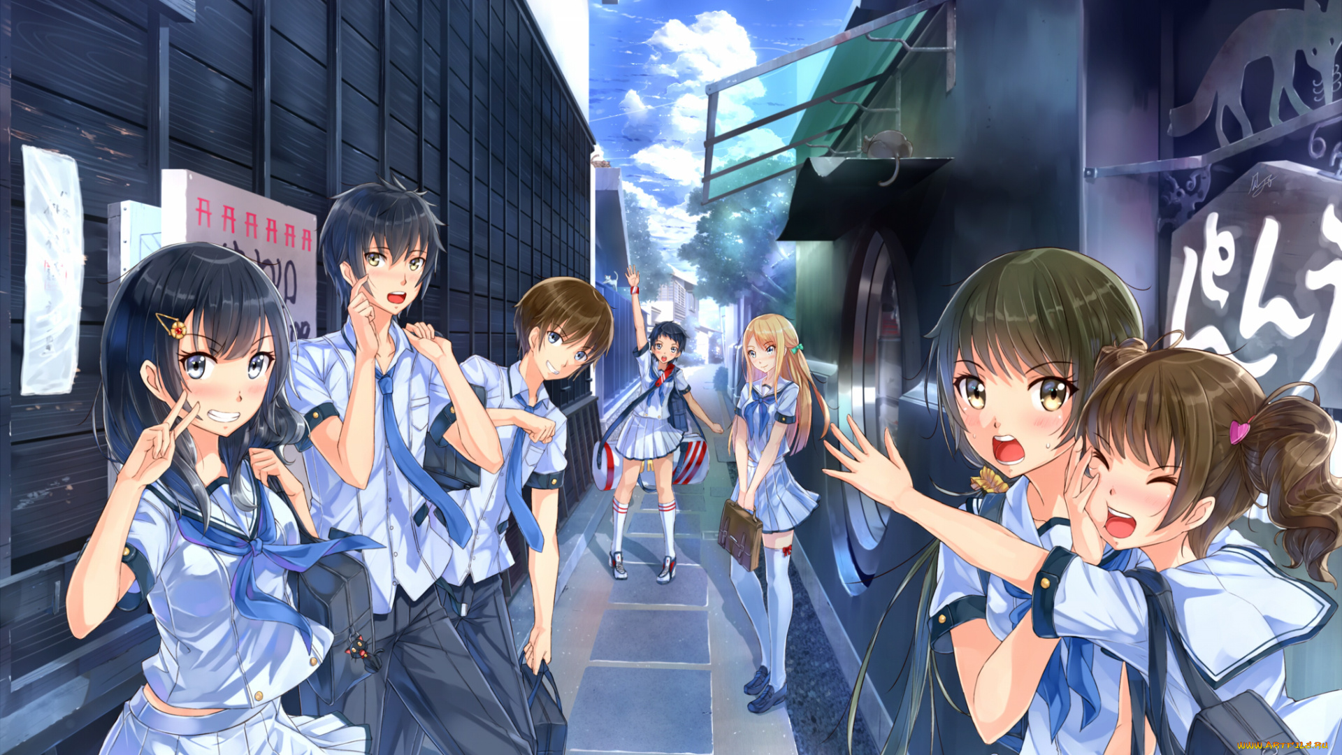 аниме, город, , улицы, , здания, kazeno, девушки, парни, арт, школьники