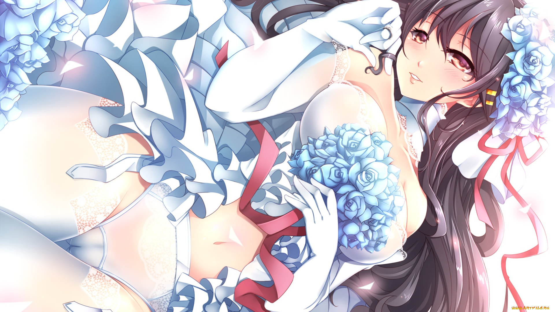 аниме, kantai, collection, aata1007, kancolle, haruna, kantai, collection, розы, арт, девушка, взгляд