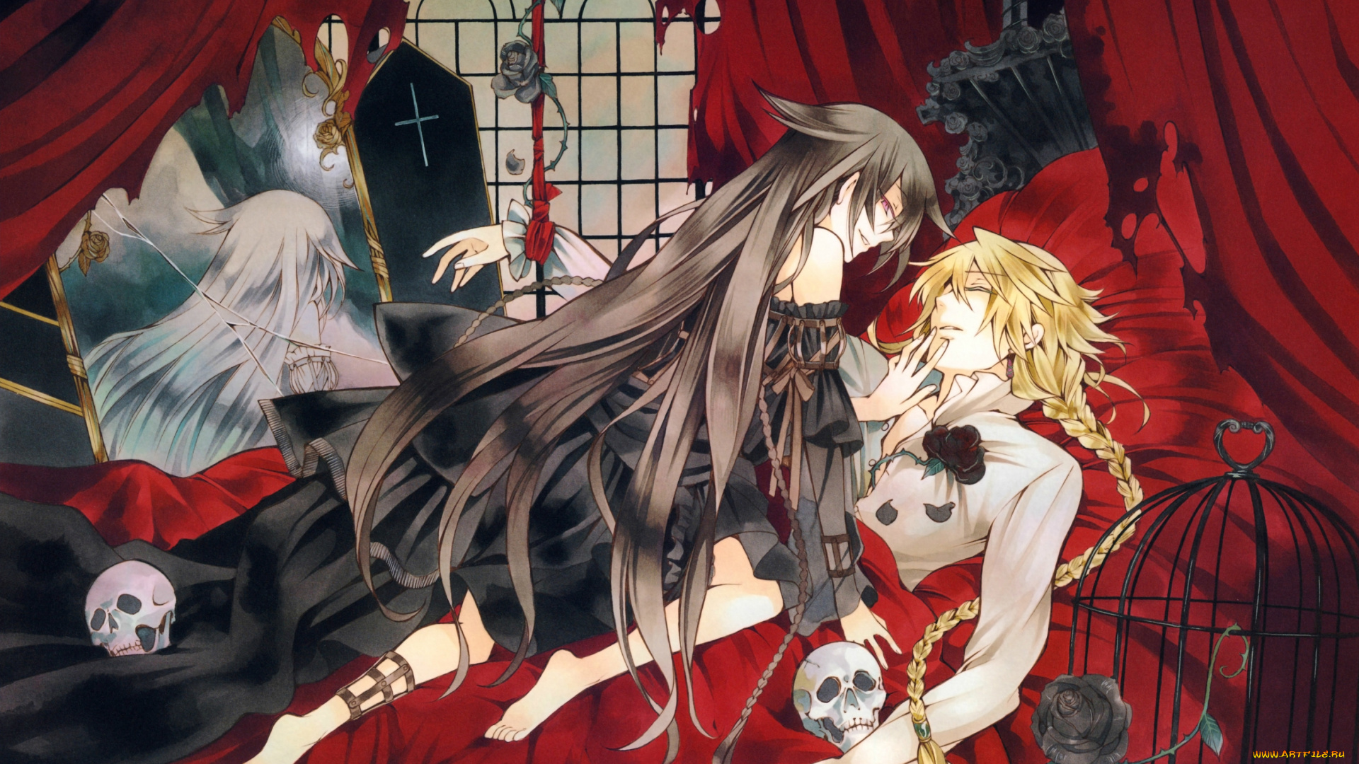 аниме, pandora, hearts, жертва, гроб, pandora, hearts, alice, baskerville, шипы, клетка, разбитое, зеркало, черепа