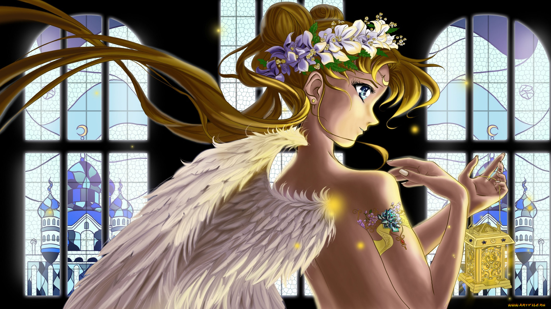 аниме, sailor, moon, девушка, арт, фонарь, венок, свет, крылья, спина, волосы, профиль, взгляд