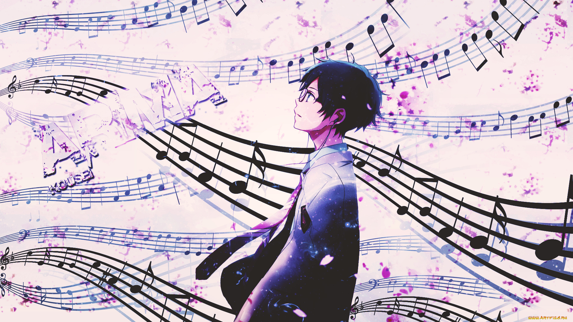 аниме, shigatsu, wa, kimi, no, uso, ноты, парень, dinocojv, арт, музыка