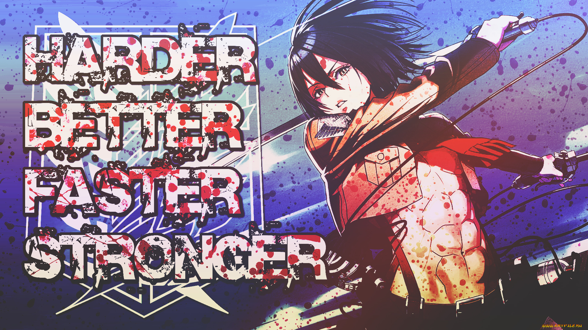 аниме, shingeki, no, kyojin, микаса, оружие, девушка, атака, титанов, кровь, слова, dinocojv, арт