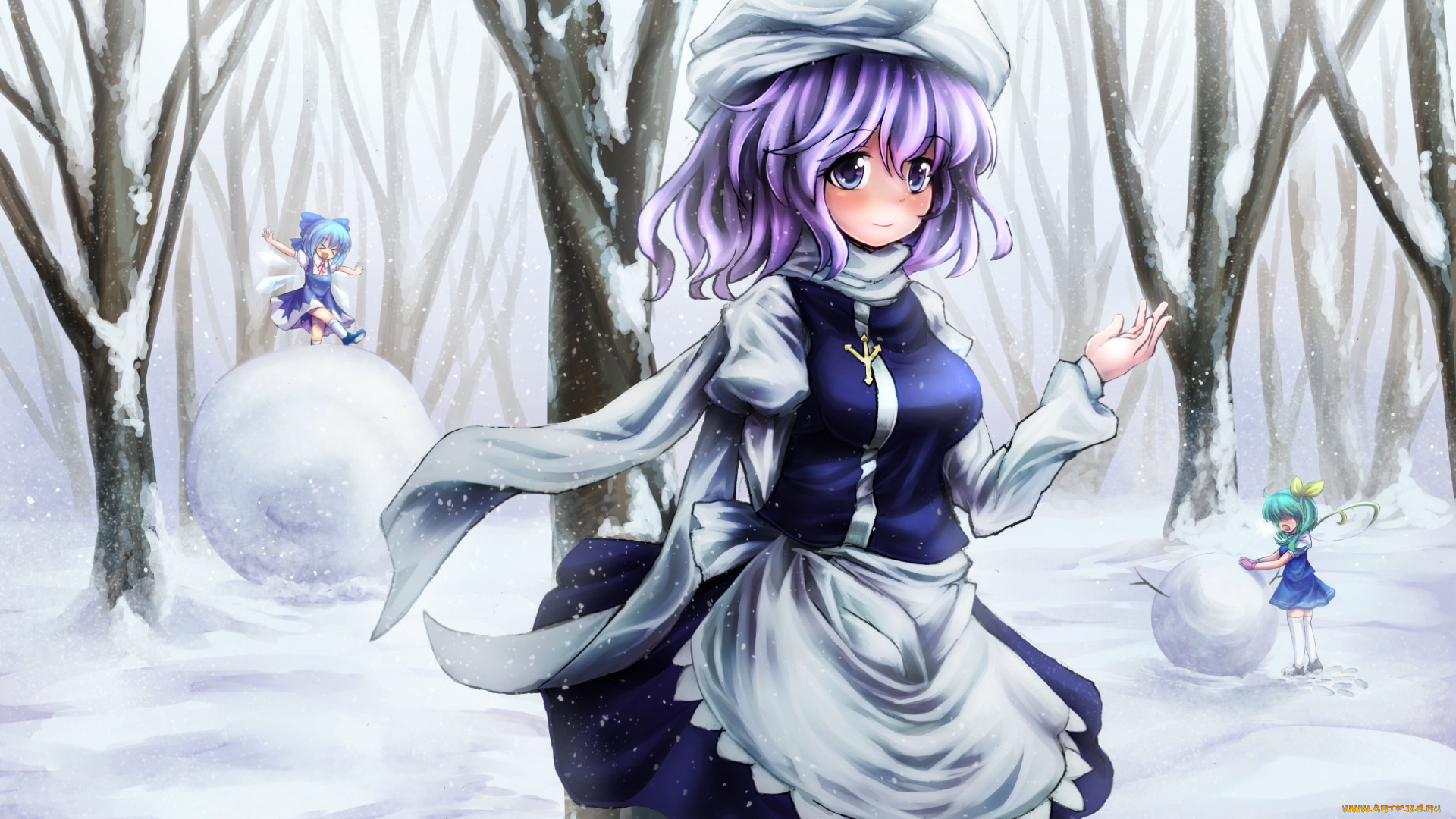 аниме, touhou, деревья, зима, парк, взгляд, фон