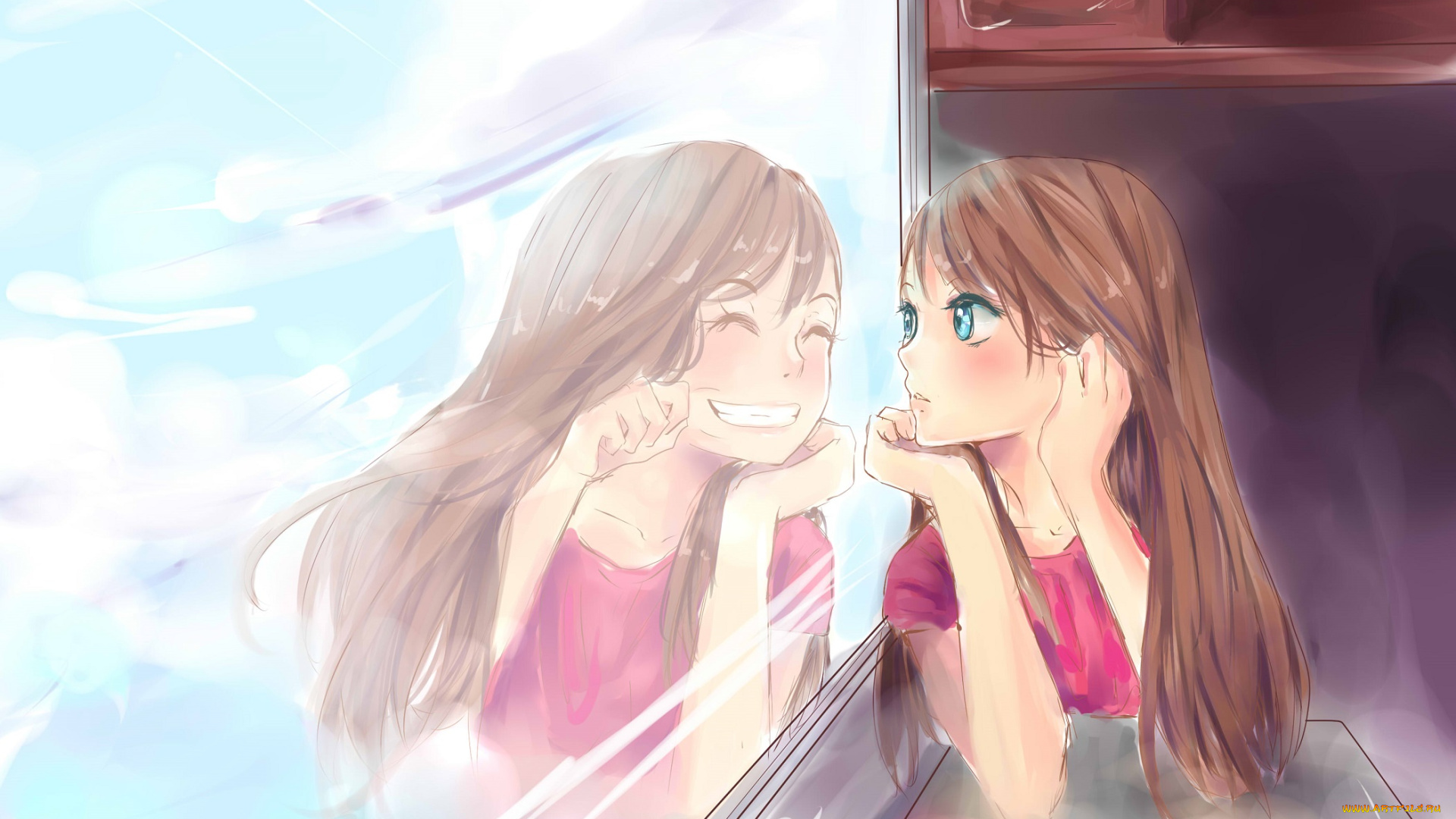 аниме, unknown, , другое, арт, окно, отражение, девочка