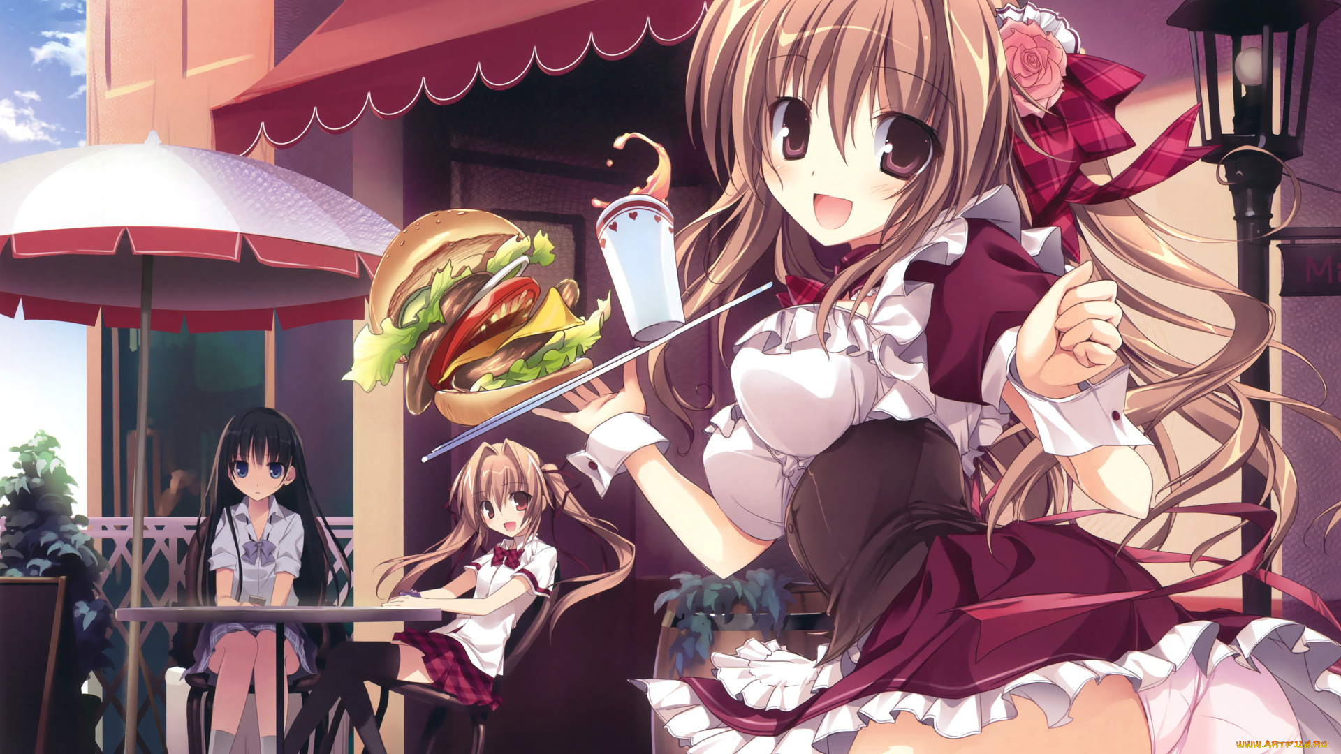 аниме, unknown, , другое, бутерброд, поднос, столик, взгляд, девушки, фон