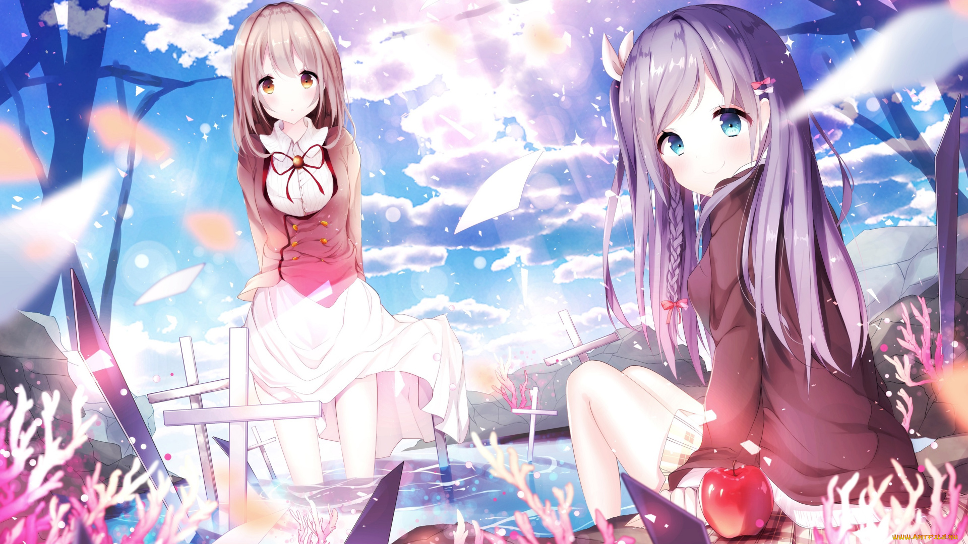 аниме, unknown, , другое, девочки, яблоко, арт, kabako