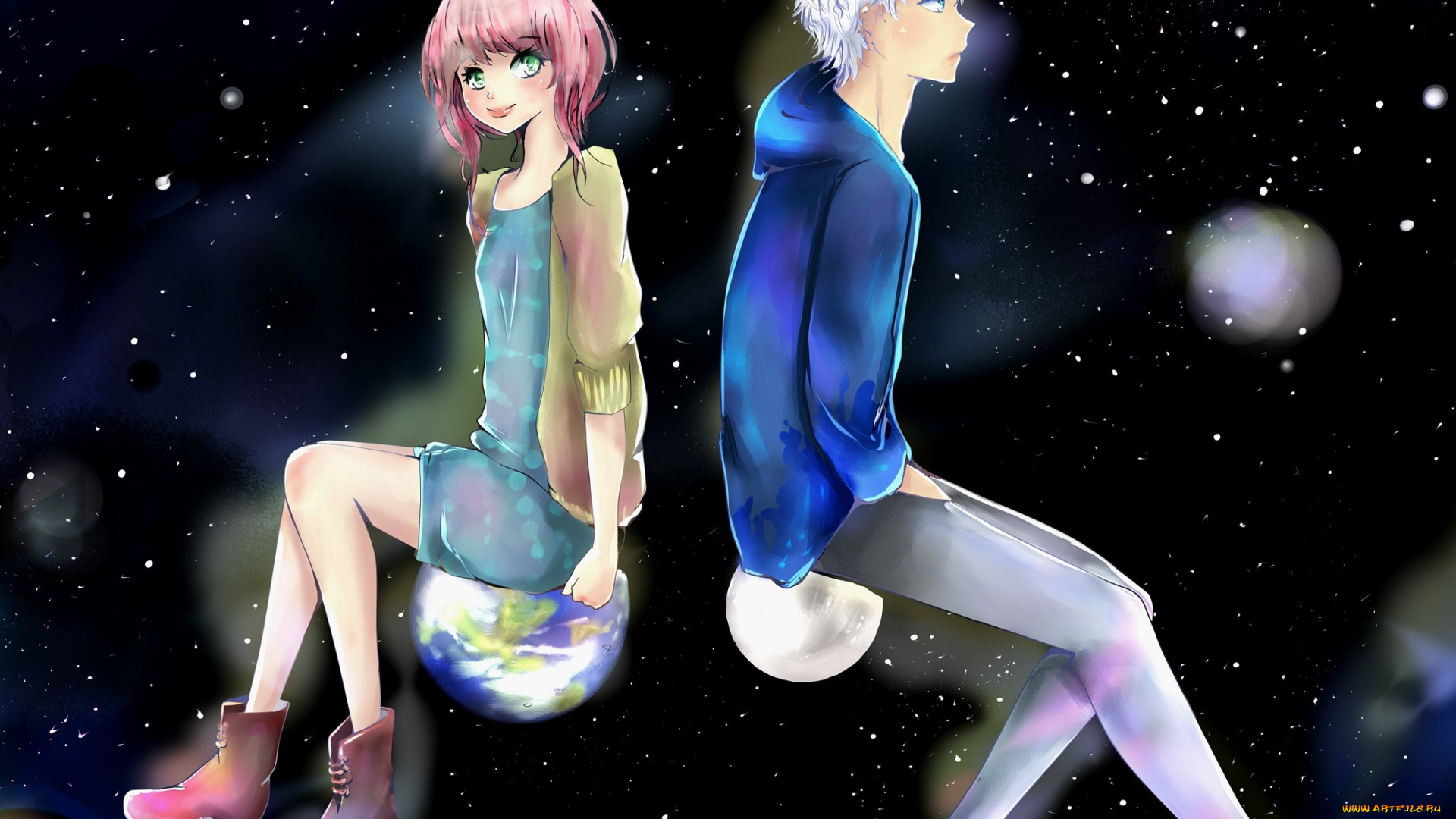 аниме, unknown, , другое, девушка, парень, космос, арт