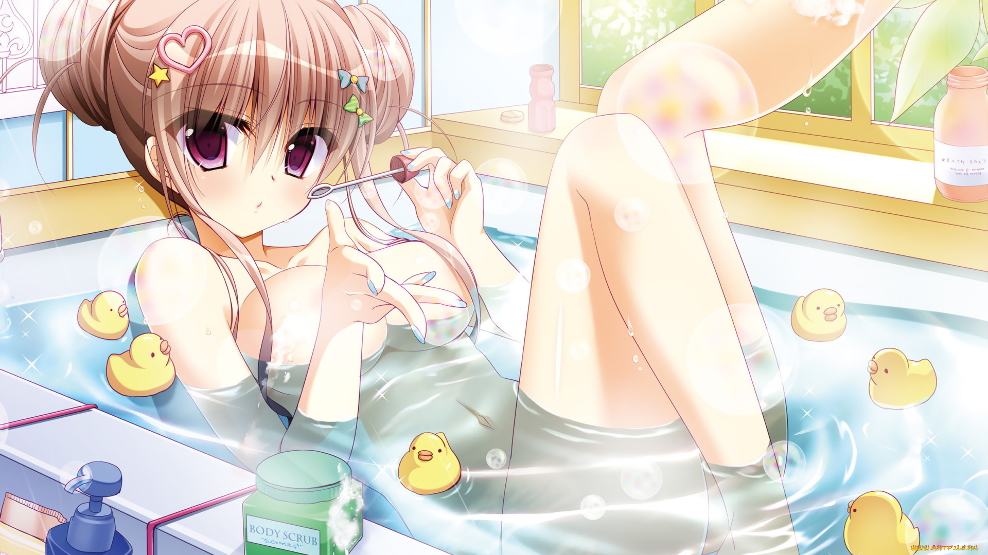 аниме, unknown, , другое, девушка, помещение, ванная, взгляд, фон, окно, игрушка, утка, пузыри