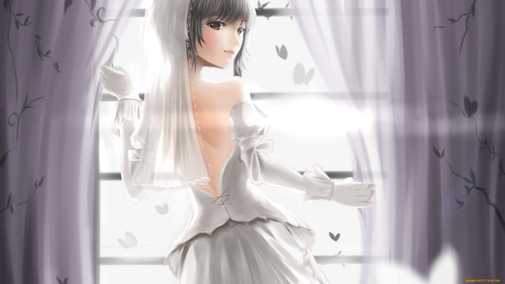аниме, unknown, , другое, шторы, арт, окно, белое, невеста, фата, платье, девушка, red, flowers