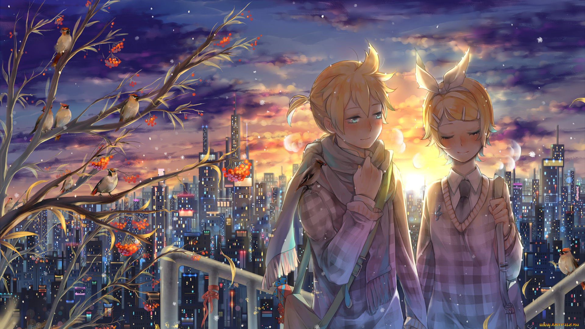 аниме, vocaloid, art, semcool, kagamine, len, rin, мальчик, девочка, птички, рябина, зима, город, закат, снежинки