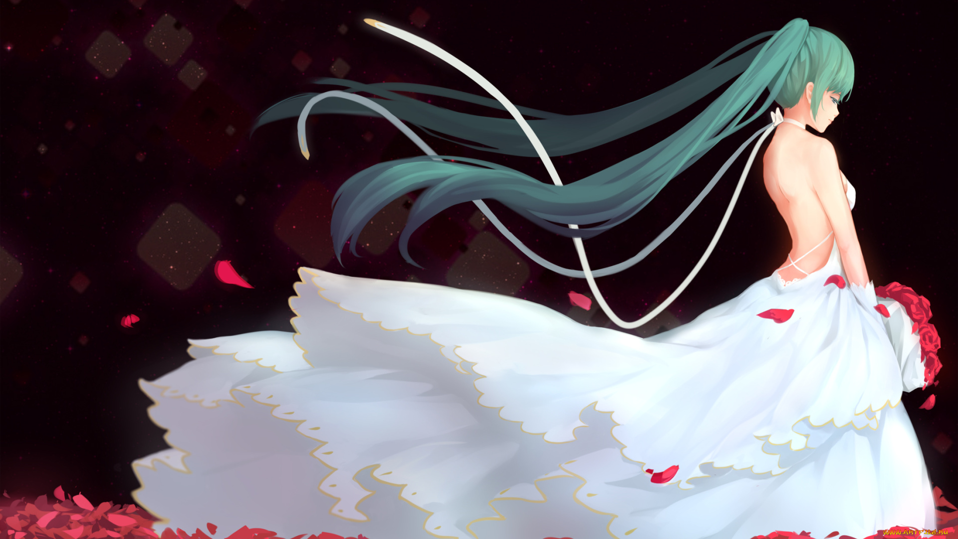 аниме, vocaloid, девушка, арт, платье, волосы, лепестки, розы, hatsune, miku