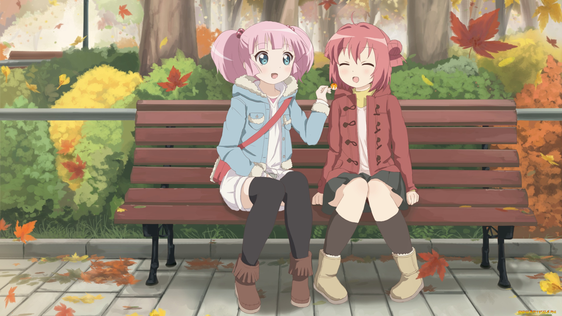 аниме, yuru, yuri, девочки, город, novcel, арт, yoshikawa, chinatsu, парк, скамья, akaza, akari, yuru, yuri