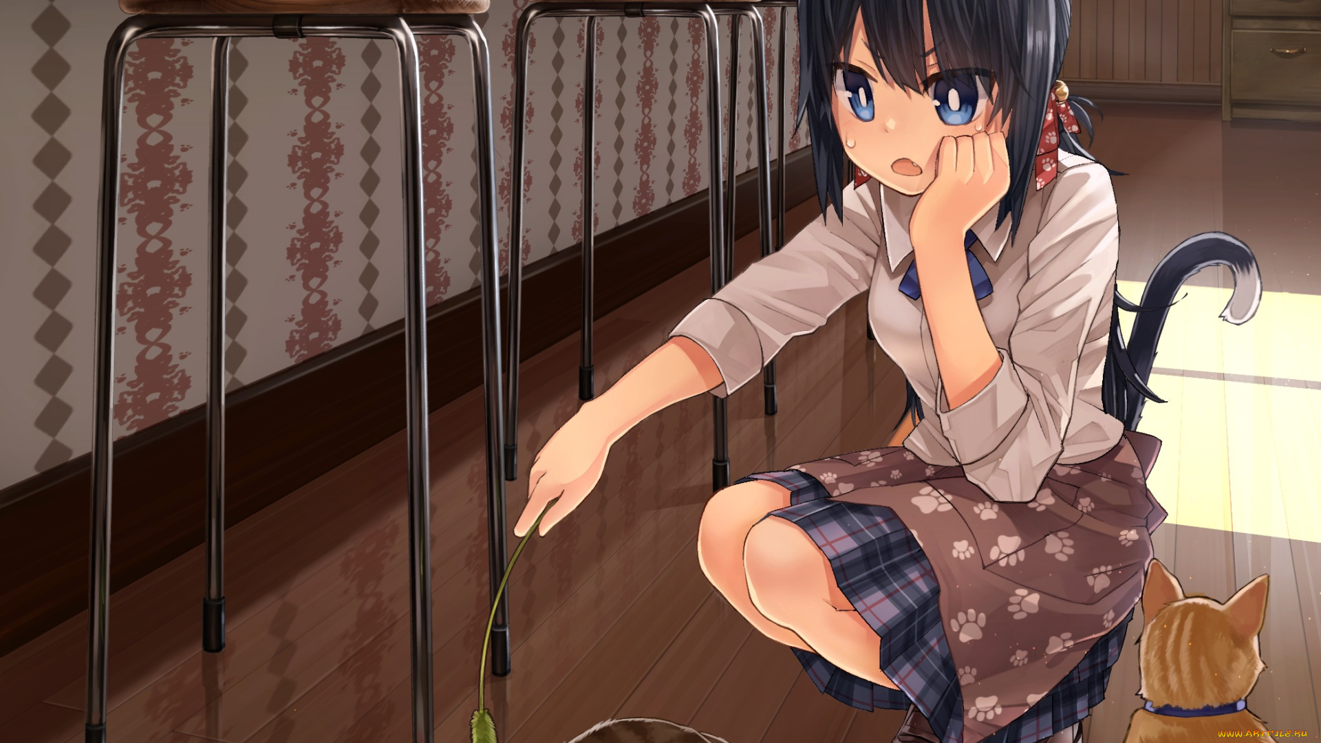 аниме, животные, , существа, помещение, ушки, девушка, кошки, стул, игрушка, бант, фартук, шкаф, хвост