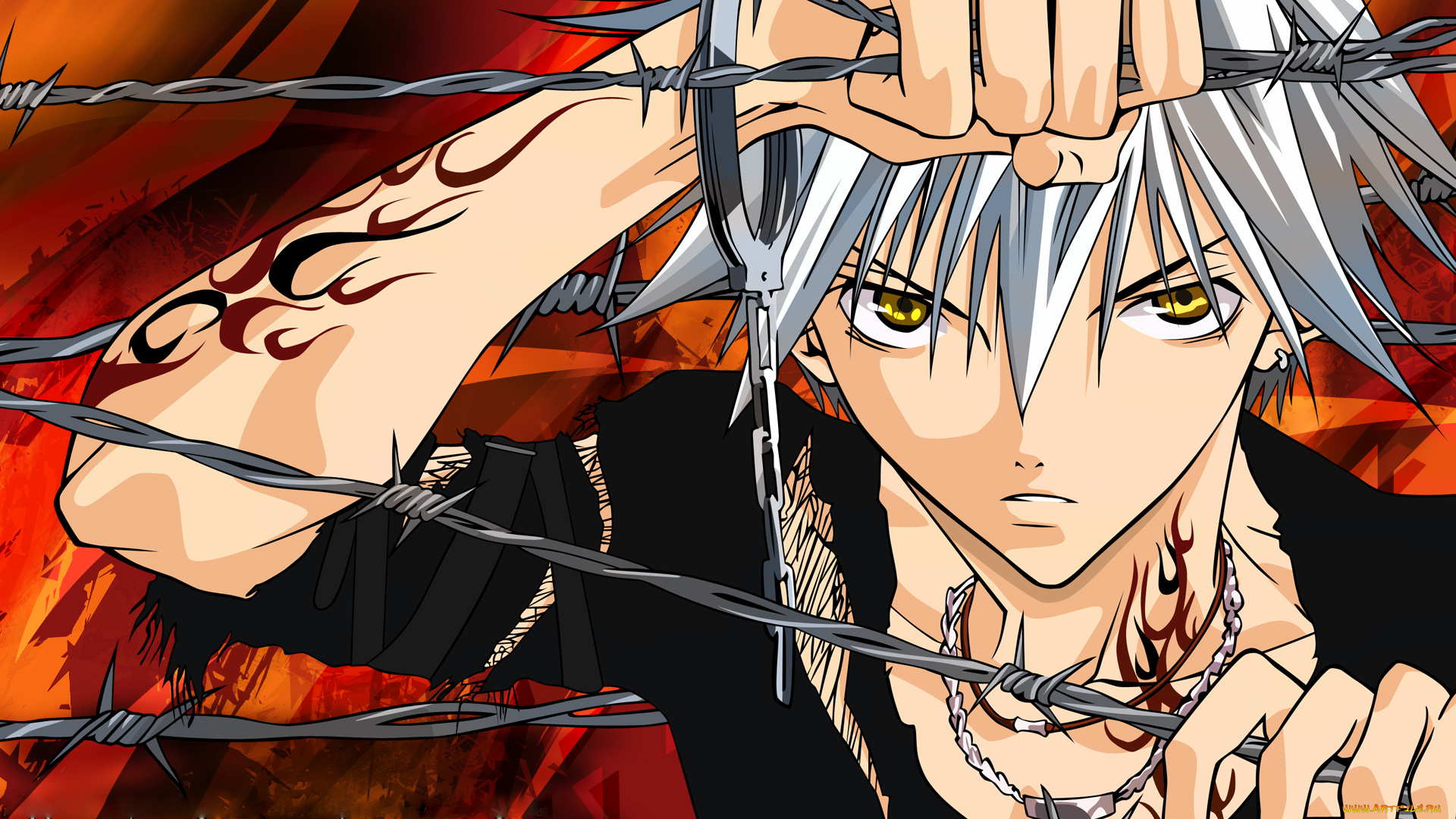 аниме, zombie-loan, взгляд, парень, колючая, проволока