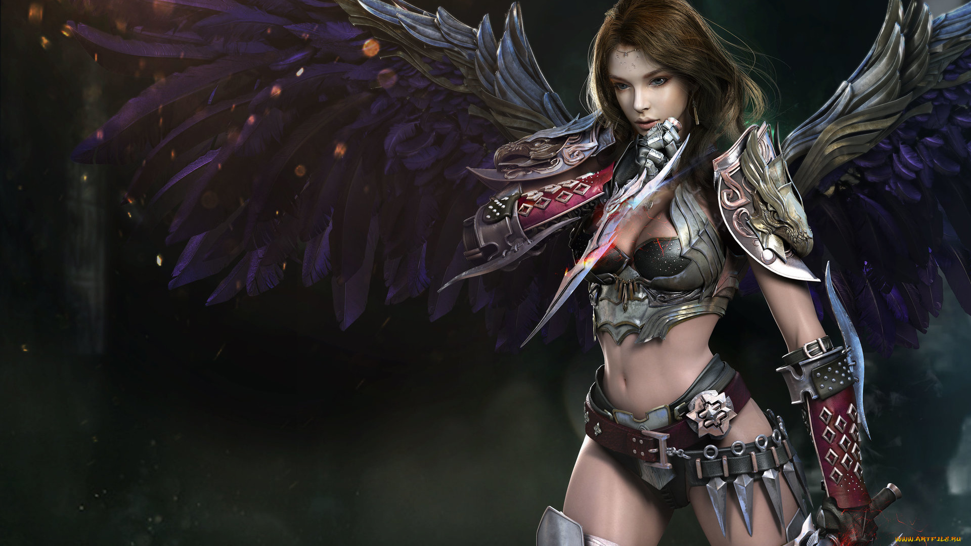 фэнтези, ангелы, крылья, взгляд, эротика, оружие, девушка, фантастика, арт, перья