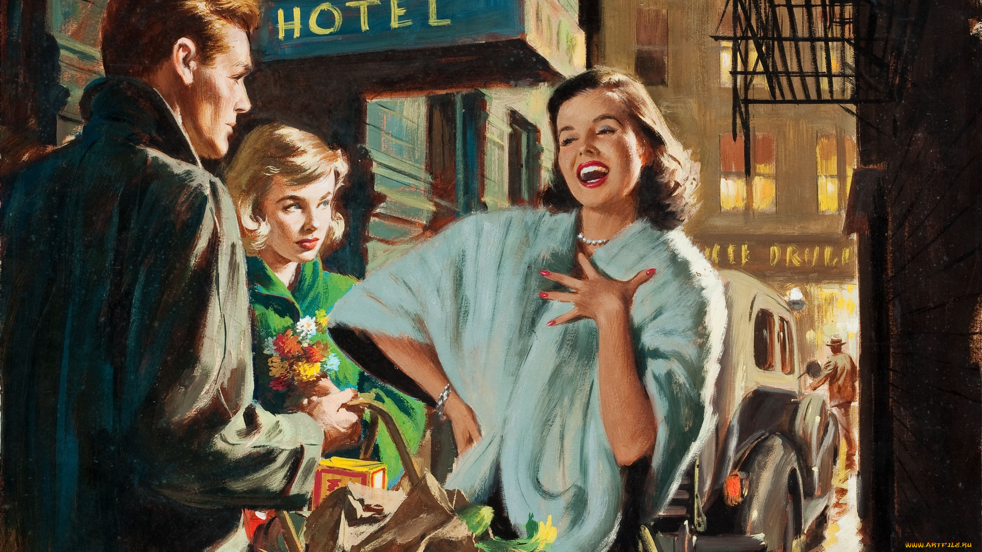 рисованное, люди, машина, цветы, корзина, радость, улица