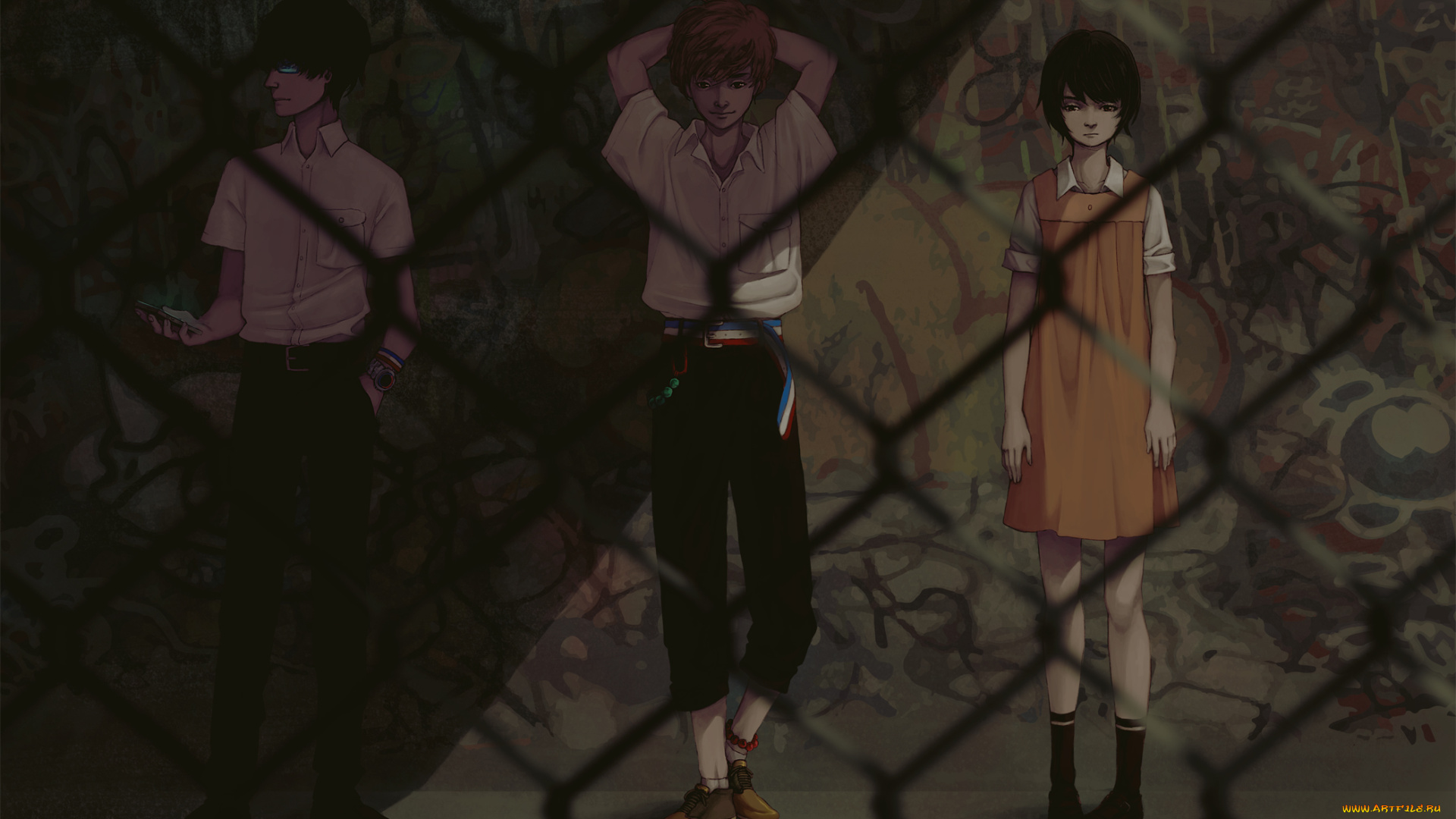 zankyou, no, terror, аниме, полумрак, арт, девушка, парни, сетка, zankyou, no, terror