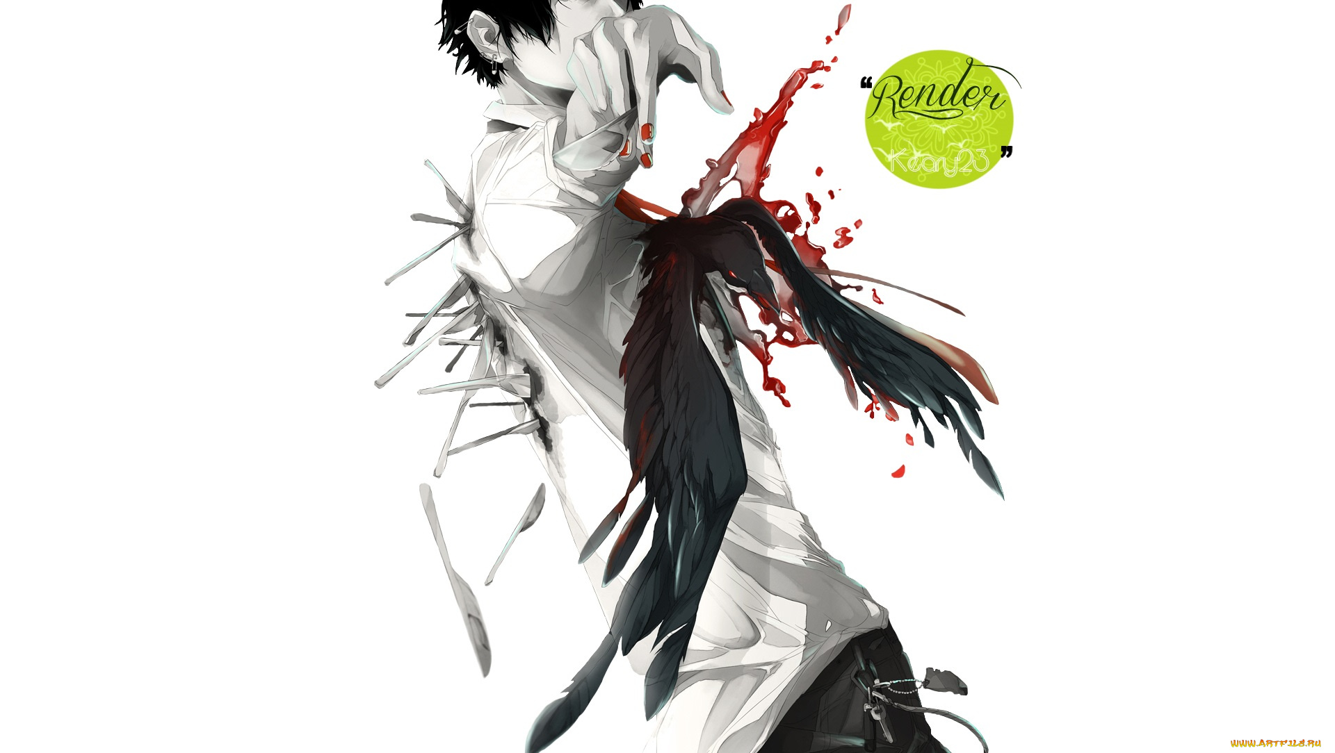 аниме, животные, , существа, ворон, фон, парень, арт