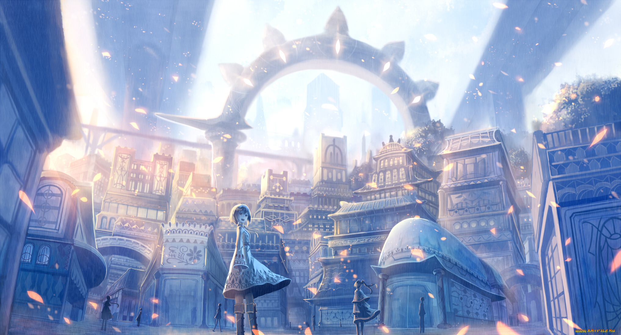 аниме, город, , улицы, , здания, люди, bou, nin, арт