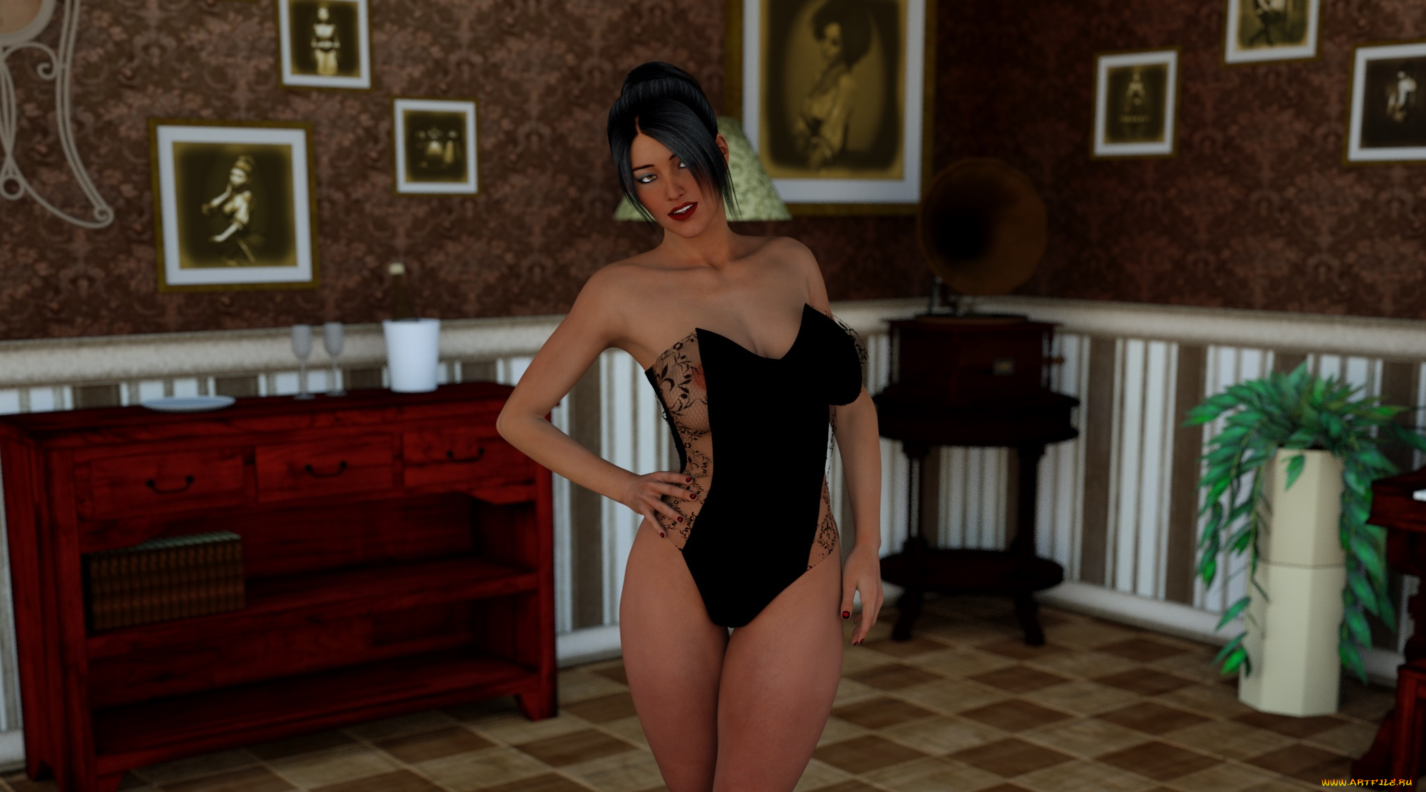 3д, графика, люди, , people, фон, интерьер, картины, взгляд, девушка